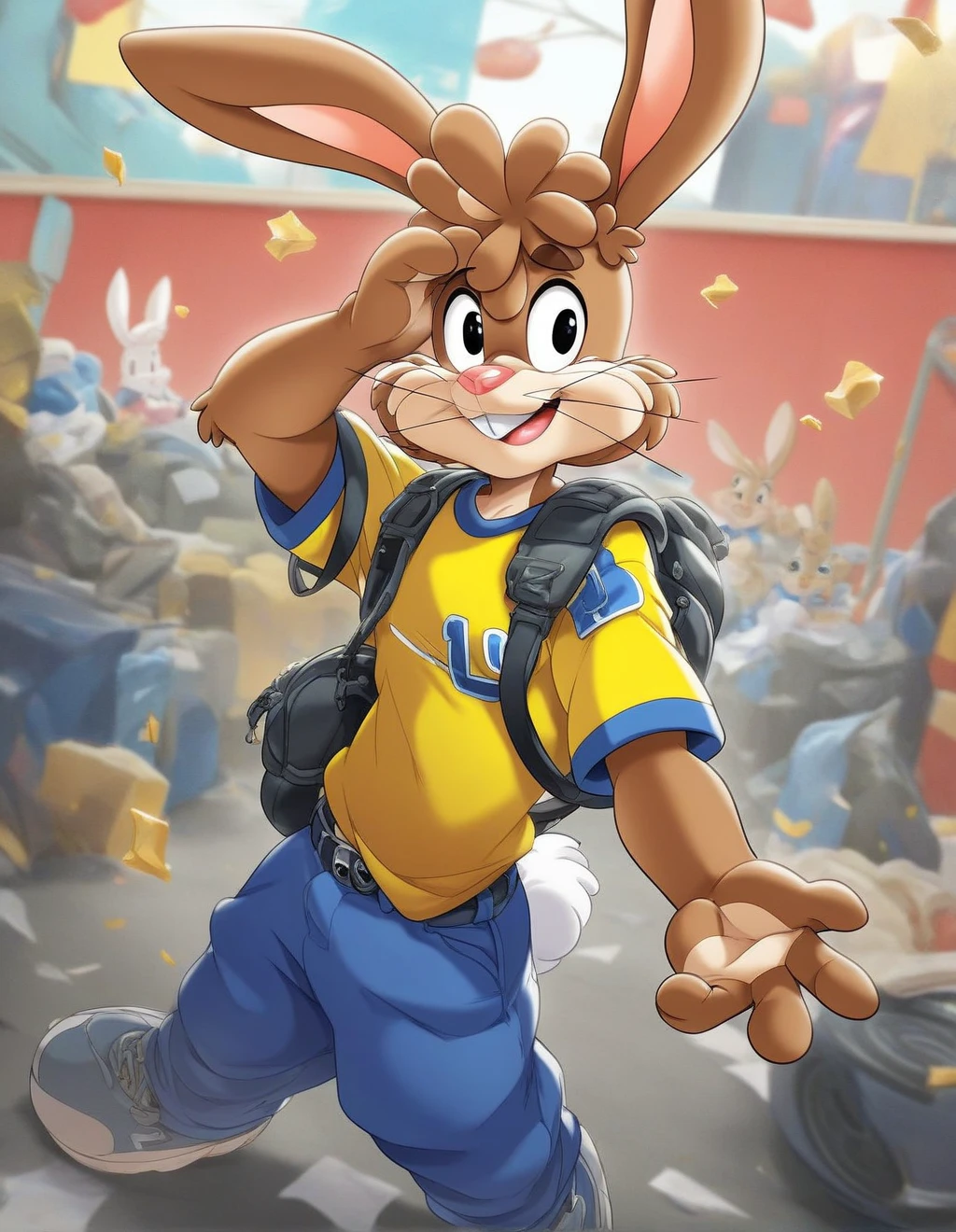 zPDXL3,quicky,4 fingers,brown fur,pants, yellow shirt, standing, young 20 year old adult, cute version of quicky, cute puffy rabbit hair, furry, rabbit, male, gay, femboy, handsome, two extremely handsome rabbits standing by side, slim,solo,looking_at_viewer,