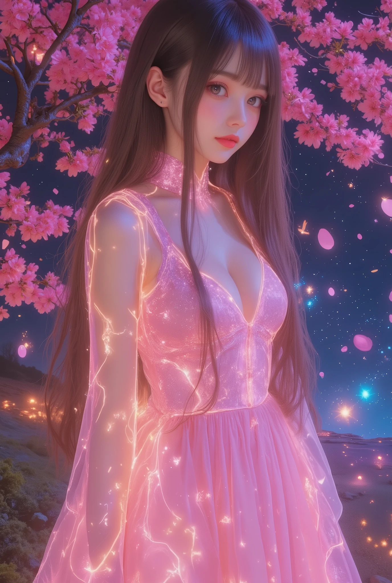 photorealistic, A stunning girl wearing a pink dress with neon glowing lines outlining its edges, dynamic pose,standing beneath burning cherry blossoms with fiery petals scattering into the air, the night sky glitching with pixelated stars and digital distortions, creating a surreal and mismatched atmosphere, vivid neon lights blending with fiery elements and digital effects, glowing aura surrounding the girl, a captivating and unique scene full of contrasts.