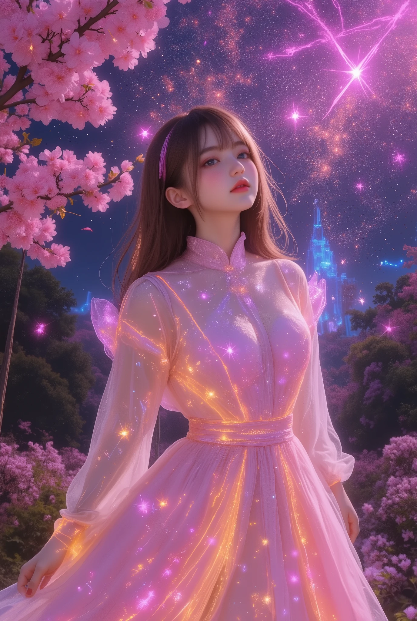 photorealistic, A stunning girl wearing a pink dress with neon glowing lines outlining its edges, dynamic pose,standing beneath burning cherry blossoms with fiery petals scattering into the air, the night sky glitching with pixelated stars and digital distortions, creating a surreal and mismatched atmosphere, vivid neon lights blending with fiery elements and digital effects, glowing aura surrounding the girl, a captivating and unique scene full of contrasts.