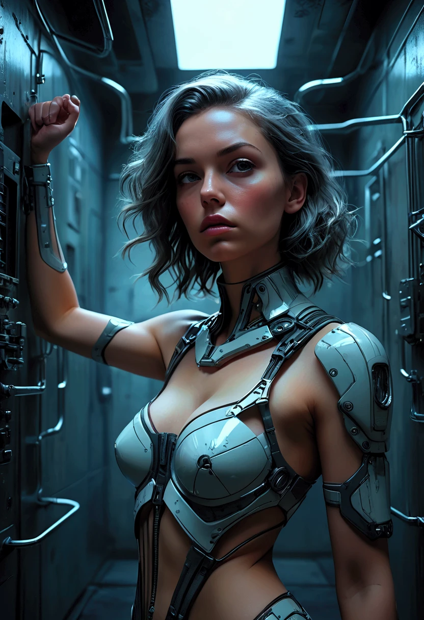 Full Body of a person in a suit, nebula, beutiful girl cyborg, ((bald)), blue coloured skin, broken beautiful female android!, blue lipstick, beautiful female warrior, sectoid, crew cut, 2 0 5 0 s, inspired by Hirosada II, google images, trans rights, post - apokalyptic, karen gillan, Masterpiece, Best Quality, (Highres) (original) , (very detailed wallpaper) , very, hard shadows, Cinematic shot, dramatic lighting