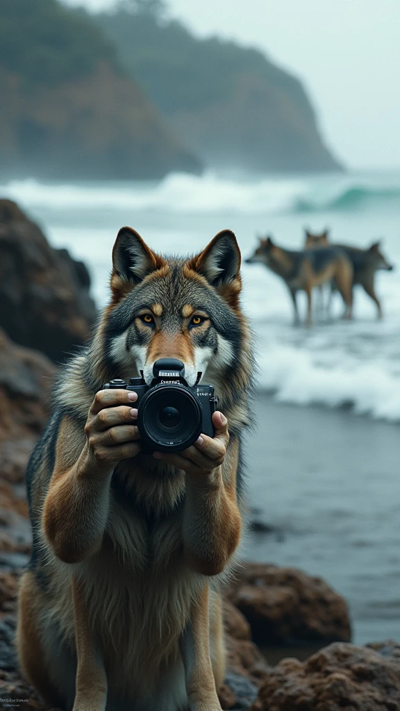 Man with wolf mask wearing Adidas sportswear taking photos with a Nikon camera of a naked 18-year-old woman with huge breasts and big buttocks, in the garden of the estate, Brown hair, Long hair, green eyes, slight smile, large eyes, full lips, with good light