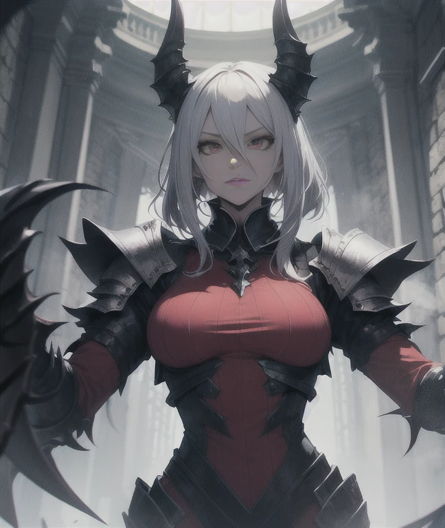 1girl, horror, (dark grey skin:1.5), true white long ponytail, ((perfect red eyes)), pointed ears, earrings, highly detailed mechanical horns, (small breasts), ((black gothic prom dress)), wearing black fur cloak, bone armor, skull armor, volumetric lighting, ethereal fog, dark background, ultrasharp, best quality, masterpiece, realistic, anatomically correct, (strong cinematic lighting), ((rim lighting)), stunning details, intricate details, 8k post-production, high resolution, super details, sharp focus, depth of field f/1.8, studio photos, (((looking at camera)))