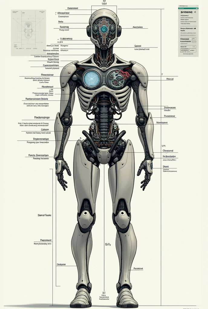 two panels, each featuring a biomechanical torso. In the first image, the torso should display a prominently mechanical man with exposed internal mechanics, and the second image should show a half human half biomech figure also with exposed internal organs but with many mechanical valves pipes gears and joints, both with annotations and smaller detail studies on the borders, DaV1nc1