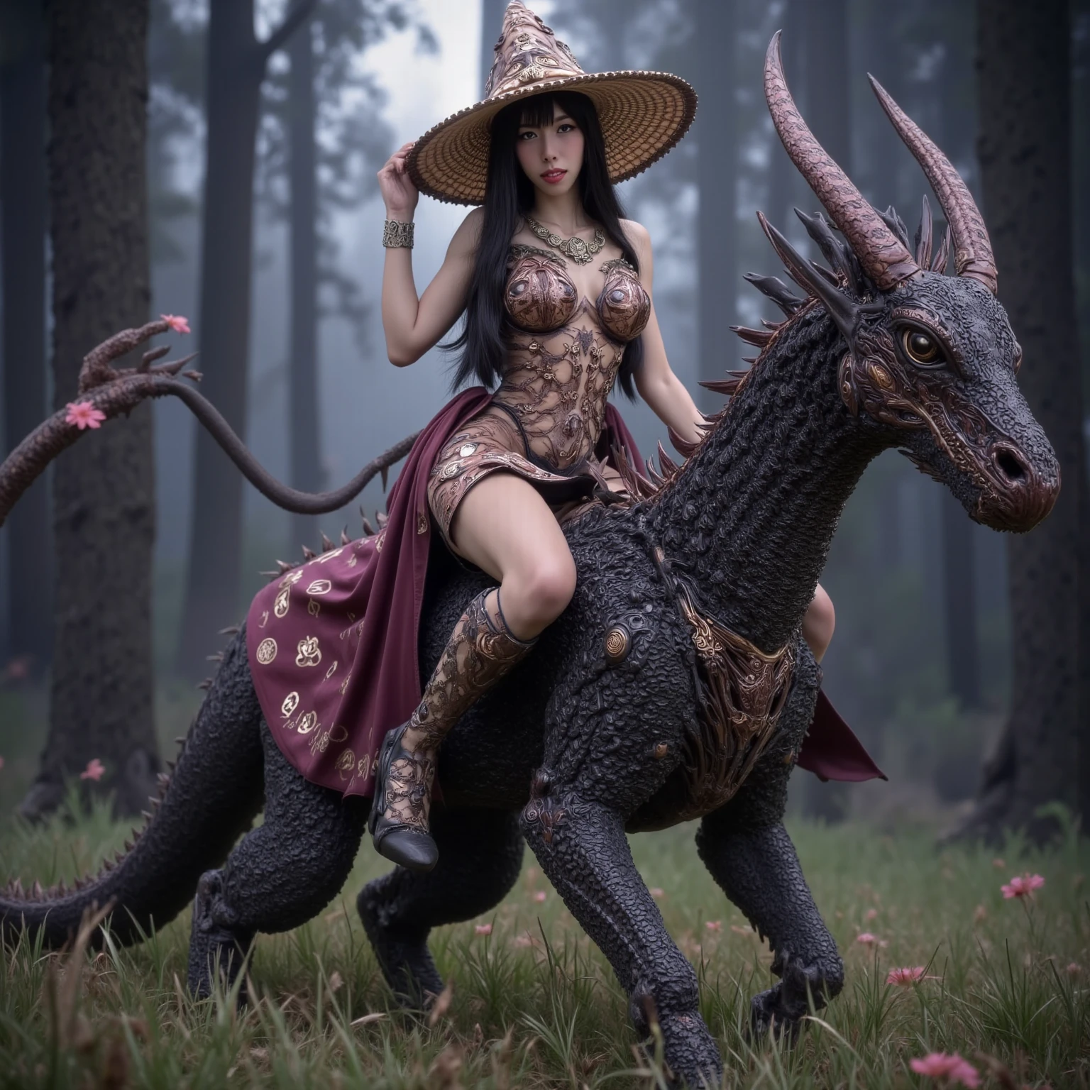 A beautiful Persian dwarf princess is riding on a giant worm and the worm is walking.