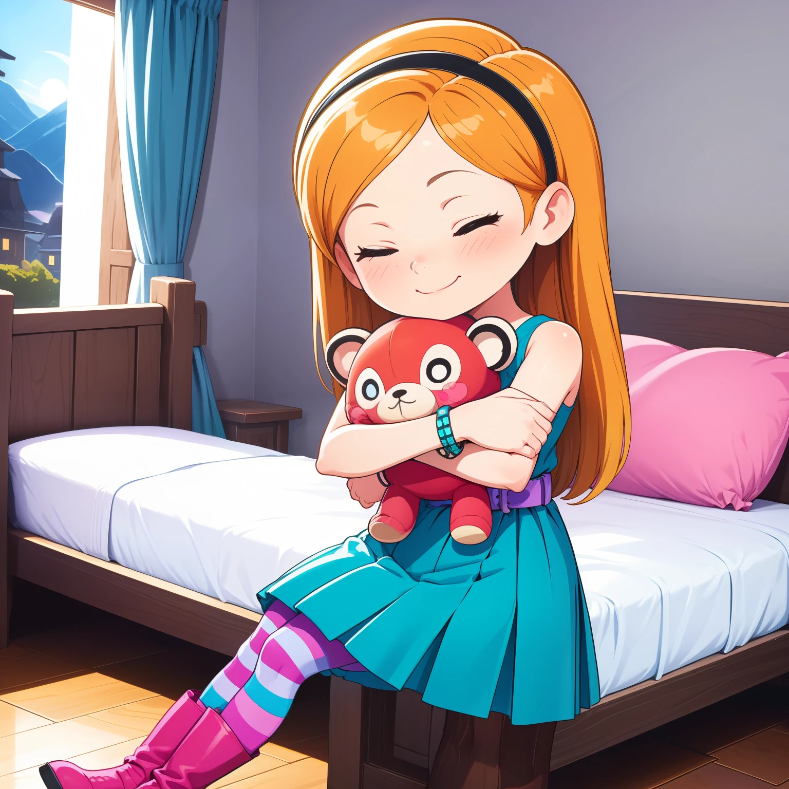 1girl, full body, solo, penny peterson, long hair, blue eyes, 3d, blonde hair, skirt, pleated skirt, white trimmings, frilled skirt, hairband, black hairband, dress, teal dress, lavender belt, blue and pink striped pantyhose, pink boots, bracelet, ((bedroom)), sleeping in bed, sleepy, leaning, eyes closed, closed mouth, cute girl, cute smile, hugging, a plush toy, red panda plush, hugging, snuggled up, snuggling, soft lighting, ((Midnight)),