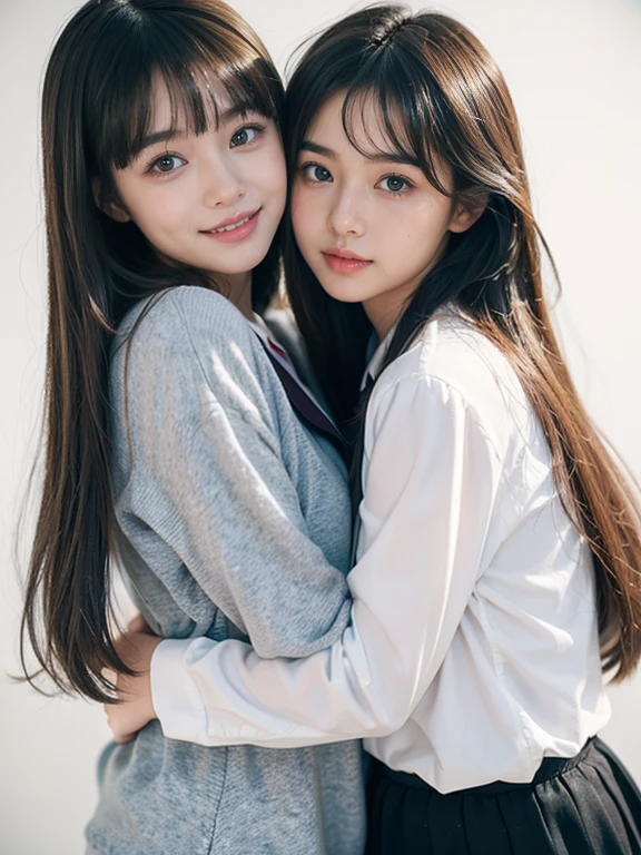 Two people facing each other and hugging happily、Two people hugging each other happily、Two people hugging each other tightly、Two people put their cheeks together、Two people touching cheeks with cheeks、Both of them are staring at the camera slightly above、Look firmly at the camera、Lesbian couple、Lily couple、((Bring your cheeks together、30-years old、Both supermodels are 190cm tall、high-angle、Look up at the camera at the top、Straighten your back))、Two pretty and pretty girls、masterpiece、top-quality、realisticlying、realisitic、Seductive bright smile、Both of them have short clean hair with bangs、Both have bangs、bangss、Both have short hair、Both have pretty hair with bangs、Short sleeve white shirt with collar、White shirt with collar、(Plaid pleated skirt)、enticing eyes、Both have very large breasts、very Bigger breasts、Big ass、big breasts thin waist、(cleavage of the breast)、(Immaculate white background with nothing really)、ighly detailed、Very tall、neck long、the neck is long、Straighten your back、Put your ears out、Highlights in the eyes、lipgloss、glowy skin、White-colored skin、Clean collarbone、closes mouth、Close your mouth and smile、Happily、Nice proportions、lovely、Charming and endearing、Colorful random collar shirt、Colorful random color skirt、Do not add shadows、No shadows、No shadows on the face、natural soft light、natural soft light、Gentle light、A little wind blows、Slightly affected by wind、Hair fluttering in the wind even a little