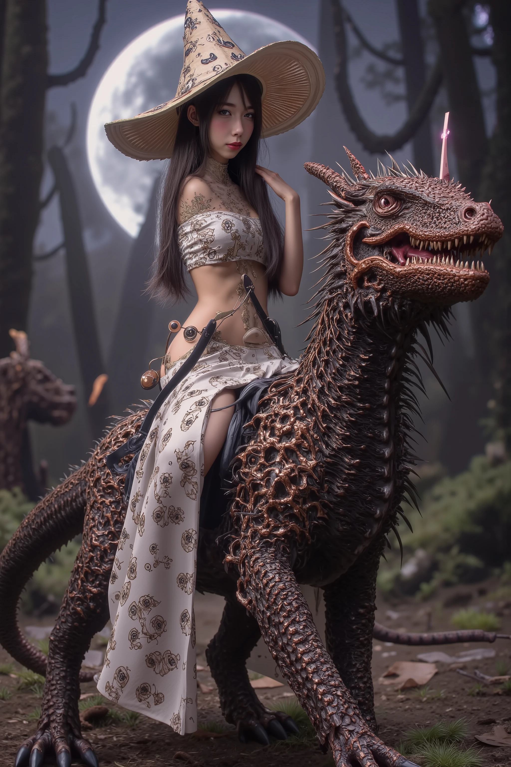 the mushroom sorcerers (cute, age 20, sexy mushroom themed revealing gown with arcane symbols, mushroom hat, magic staff) is lriding her (dragon lizard mount) into the enchanted forest, mystical moonlit night
