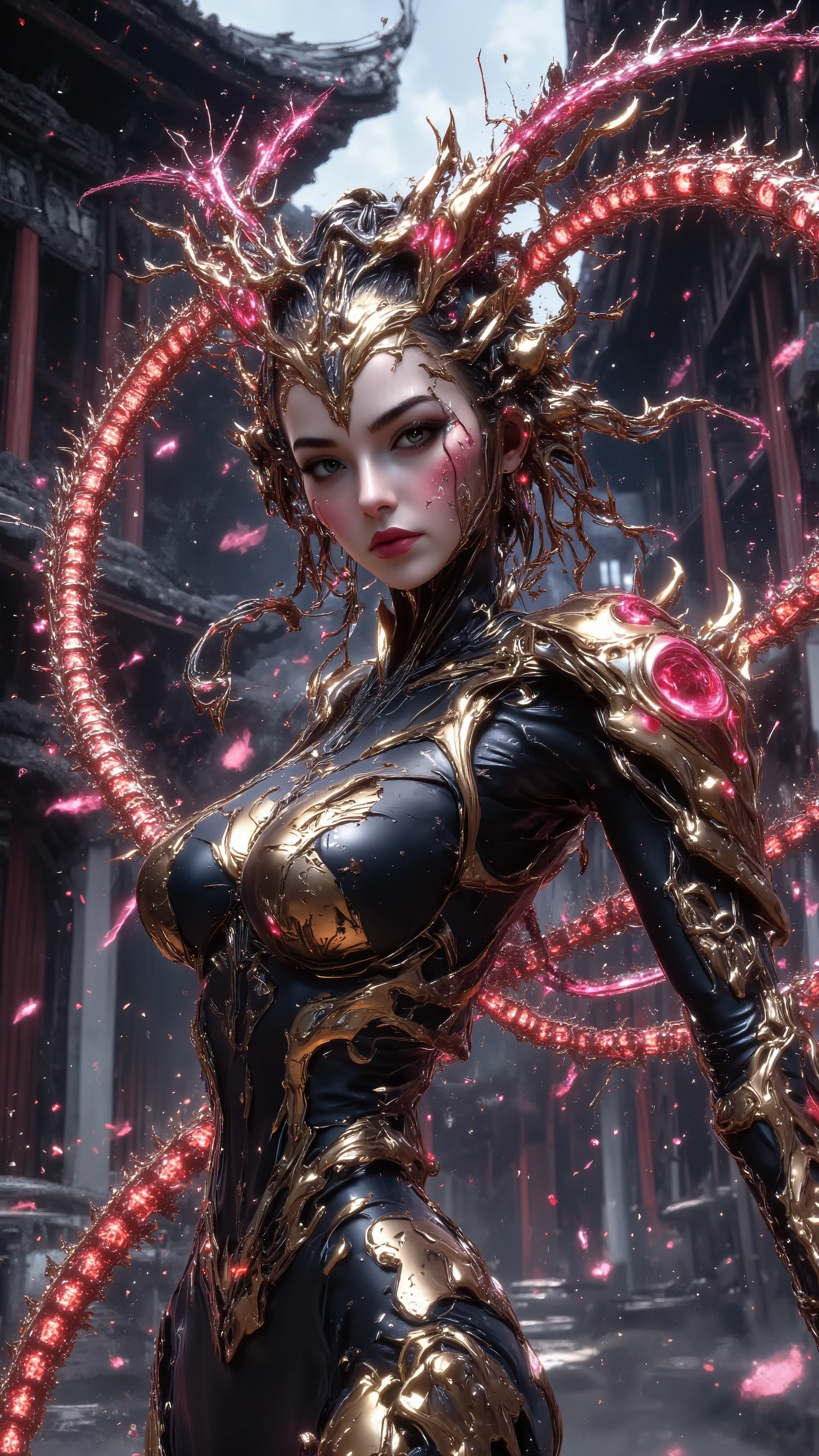 (Best Quality, 4K, 8K, High Resolution, Masterpiece: 1.2), (Super Detailed, Realistic, Photorealistic:1.37), A woman in futuristic clothing, Trending on cgstation, Trending on cgstation, (Portrait of a girl in the Knights of the Zodiac:1.4), blunt bangs, Cute Cyborg Girl, Perfect android girl, Portrait Astronaut Girl, Beautiful girl cyborg, (Girl wearing red and green mechanical cyber armor:1.3), Game CG, cgsociety and fenghua zhong, Beautiful Cyborg Shrine Maiden, Bioluminescence, (Yua Yaiba:0.5), (Golden eyes:1.5), Anatomically correct grip, (Sharp and long claws:1.4), erotic and sexy, black, wearing A gorgeous cape with beautifully detailed embroidery, (beautiful tits, beautiful breasts, beautiful nipples:1.5), (NSFW:1.5)