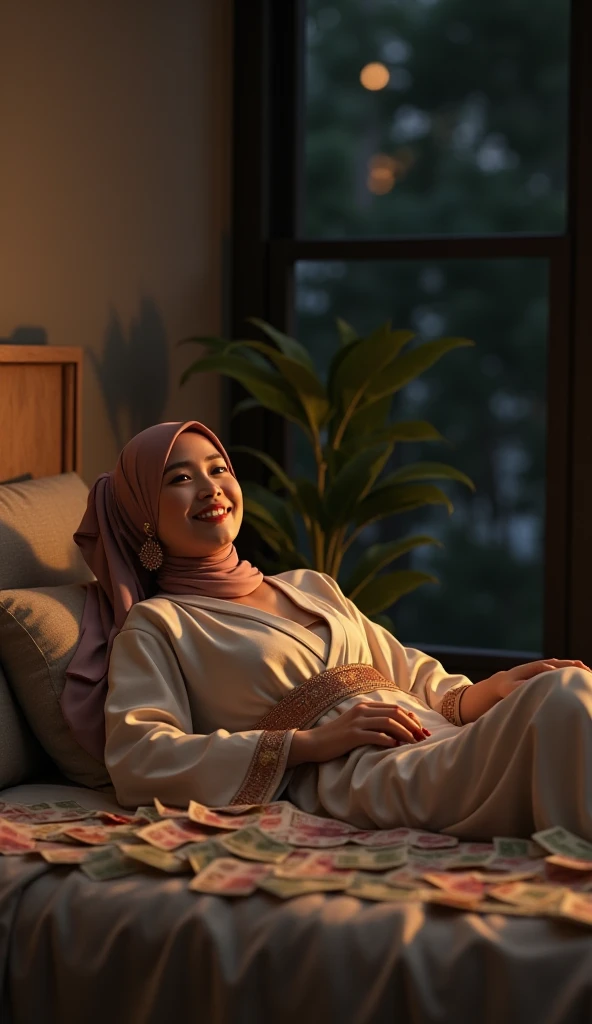 (masterpiece) (detaile) a beautifull indonesian woman, big body, sitting on brown sofa, wearing  pink pattern  gamis like kimono, pajamas pants, long hijab pink, bold make up, indoors, good lighting, 
To the right of the chair there is a bicycle with a basket and to the left is a chair and a wooden table with beautiful flowers. with a backdrop of mountain views and sunset. relaxed pose, close up, realistic, intricate details, warm colors, 5D, 8K