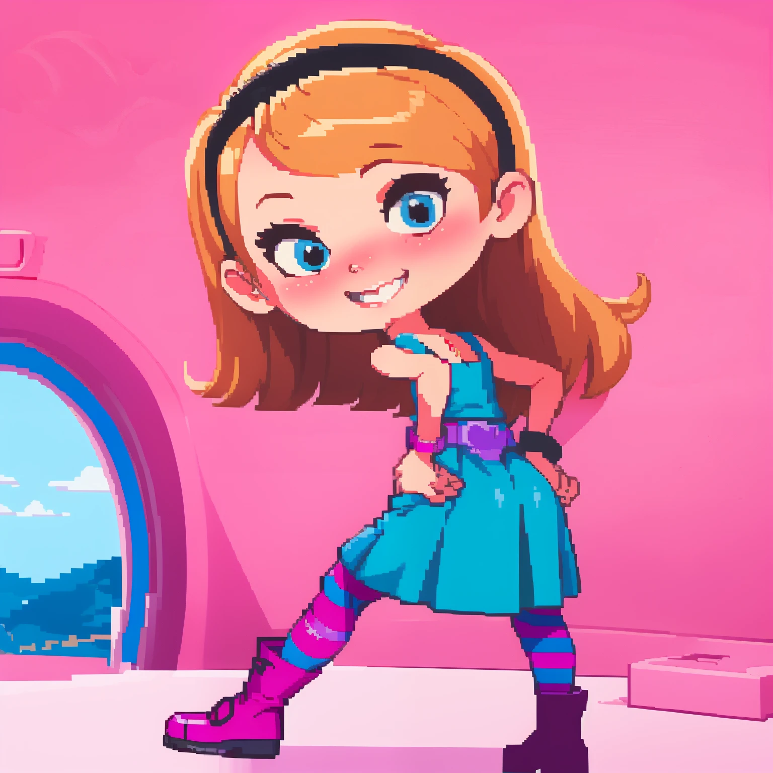 1girl, full body, solo, penny peterson, long hair, blue eyes, 3d, blonde hair, skirt, pleated skirt, white trimmings, frilled skirt, hairband, black hairband, dress, teal dress, lavender belt, blue and pink striped pantyhose, pink bracelet and boots, hands on hips, perfect body, looking at viewer, cute giggle, smiling, light blush, smile, perky, dynamic angle, indoor, blushing, cute smile, back view, ((bedroom)), (insanely detailed, beautiful detailed face, masterpiece, best quality) cinematic lighting,