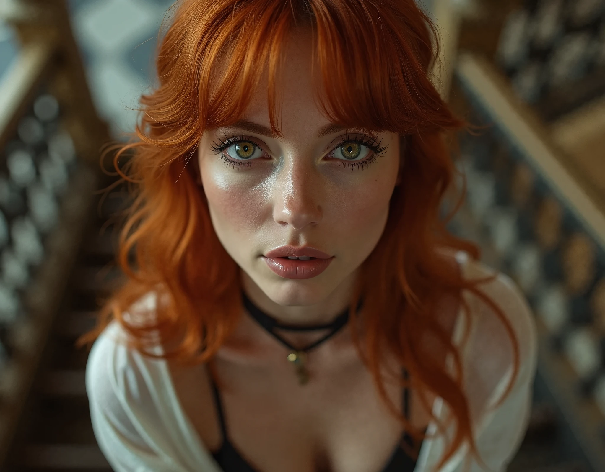 1 Irish woman, extremely beautiful and very legitimate redhead. Extremely slender, with freckles, big bright blue eyes, wearing green sweater falling down showing shoulders, symmetrical body, sensualizing, pouting with orgasmic expression, highly arousing, high quality 32k, UHD, hyper-realistic, cinematic, dynamic close-up above.