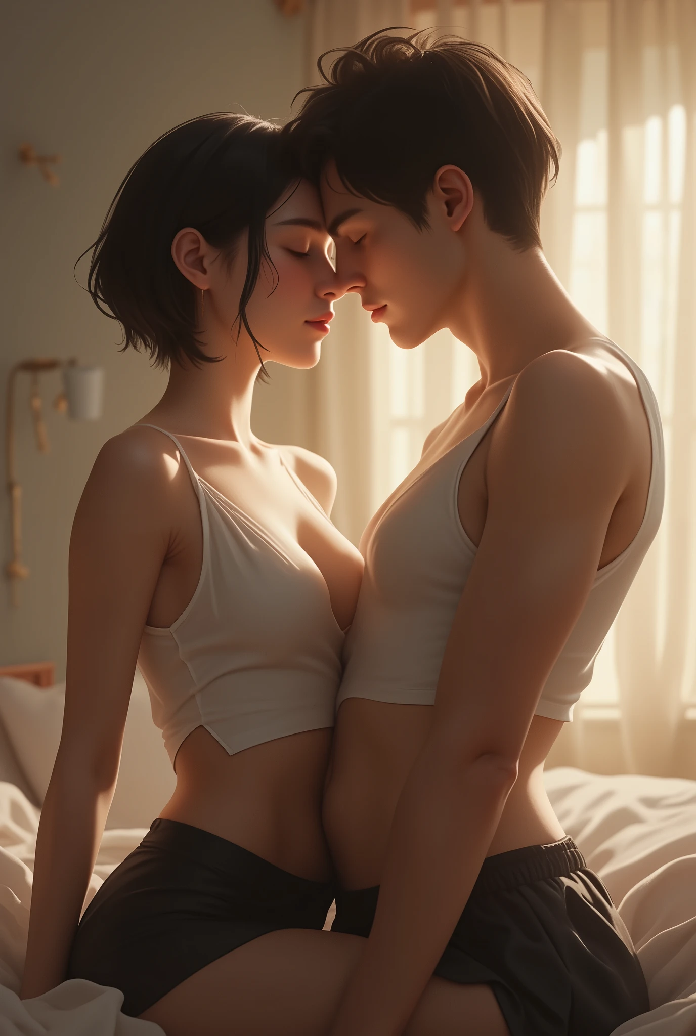 Sexy woman being kissed on the neck by a young boy