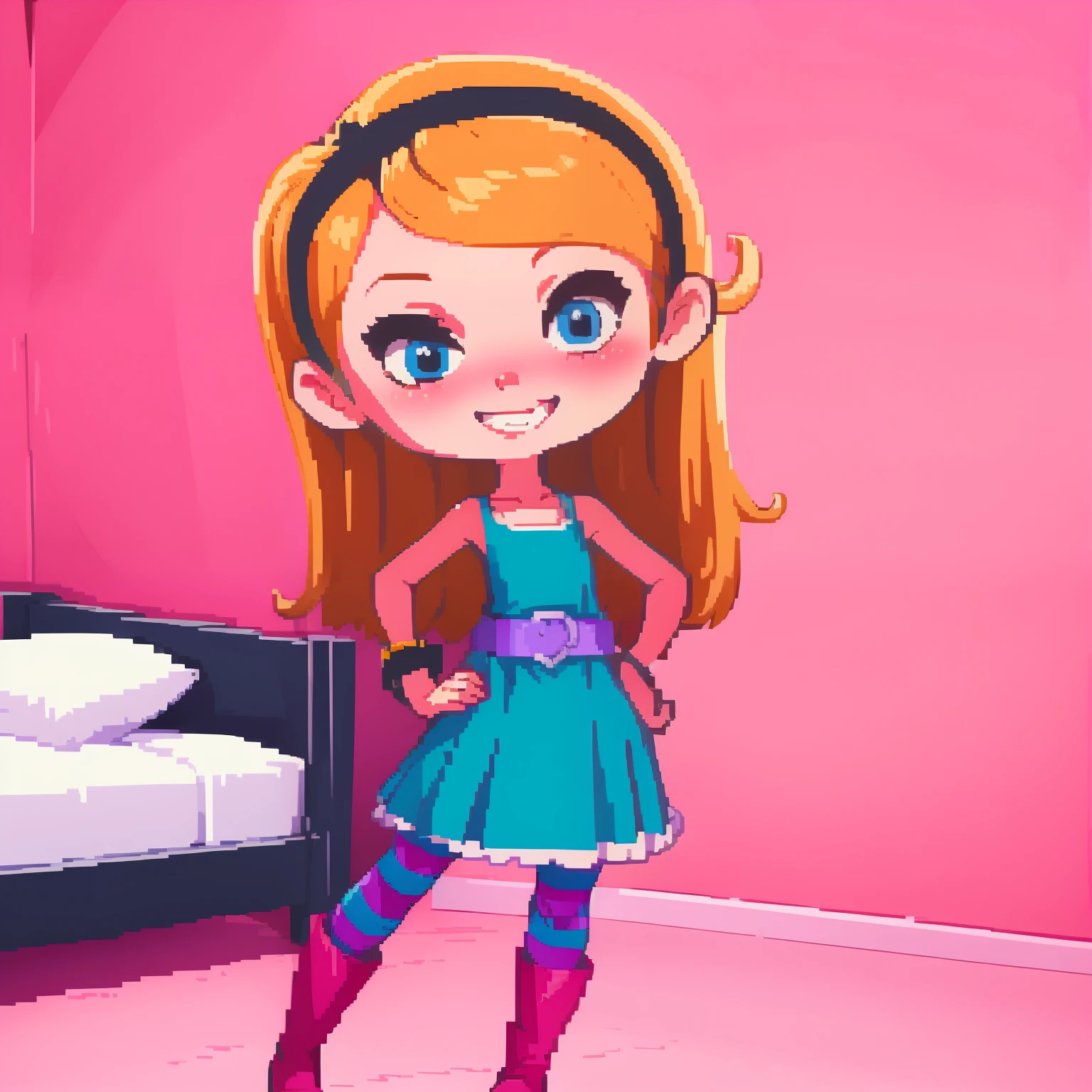 1girl, full body, solo, penny peterson, long hair, blue eyes, 3d, blonde hair, skirt, pleated skirt, white trimmings, frilled skirt, hairband, black hairband, dress, teal dress, lavender belt, blue and pink striped pantyhose, pink bracelet and boots, hands on hips, perfect body, looking at viewer, cute giggle, smiling, light blush, smile, perky, dynamic angle, indoor, blushing, cute smile, back view, ((bedroom)), (insanely detailed, beautiful detailed face, masterpiece, best quality) cinematic lighting,