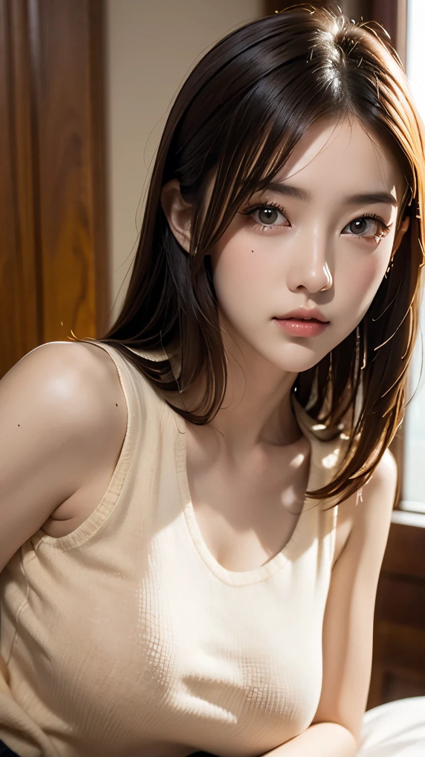 (top-quality:0.8)、(top-quality:0.8)、perfect anime illustration、Extreme close-up portrait of beautiful woman in white underwear relaxing in bedroom