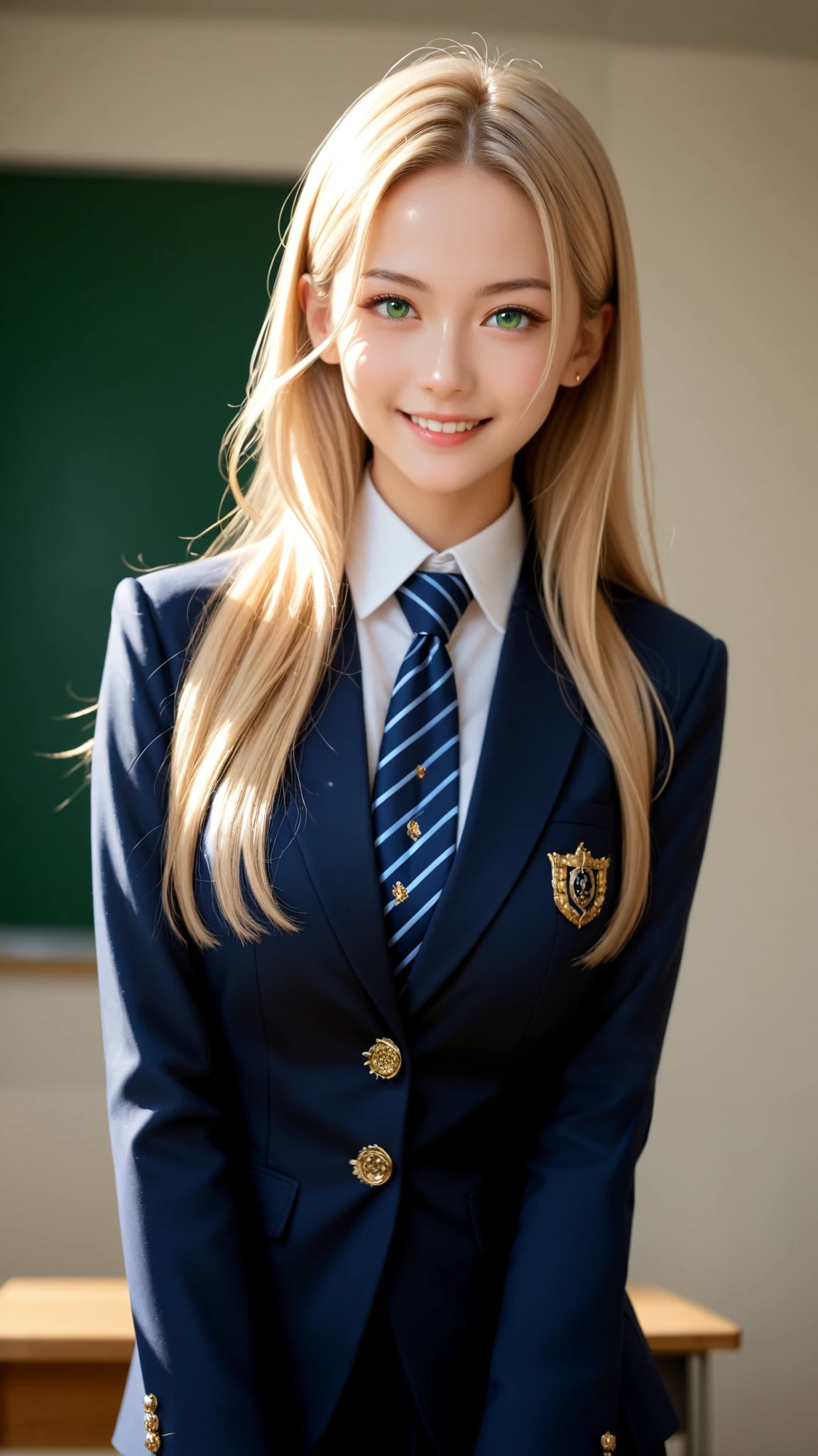 score_9, score_8_up, score_7_up, source_real, high resolution picture, super detailed, BREAK A breathtakingly beautiful woman, long hair, silky blonde hair, wearing a modern school uniform, blazer with intricate gold embroidery, tie, short skirt, tights, smirk, soft lighting to enhance the texture of the fabric, masterpiece, best quality, vibrant, very aesthetic, high contrast, photoresistic, newest, shiny skin, large breasts, 1woman, upper body, detailed face, detailed green eyes, forehead, sliced back hair, classroom