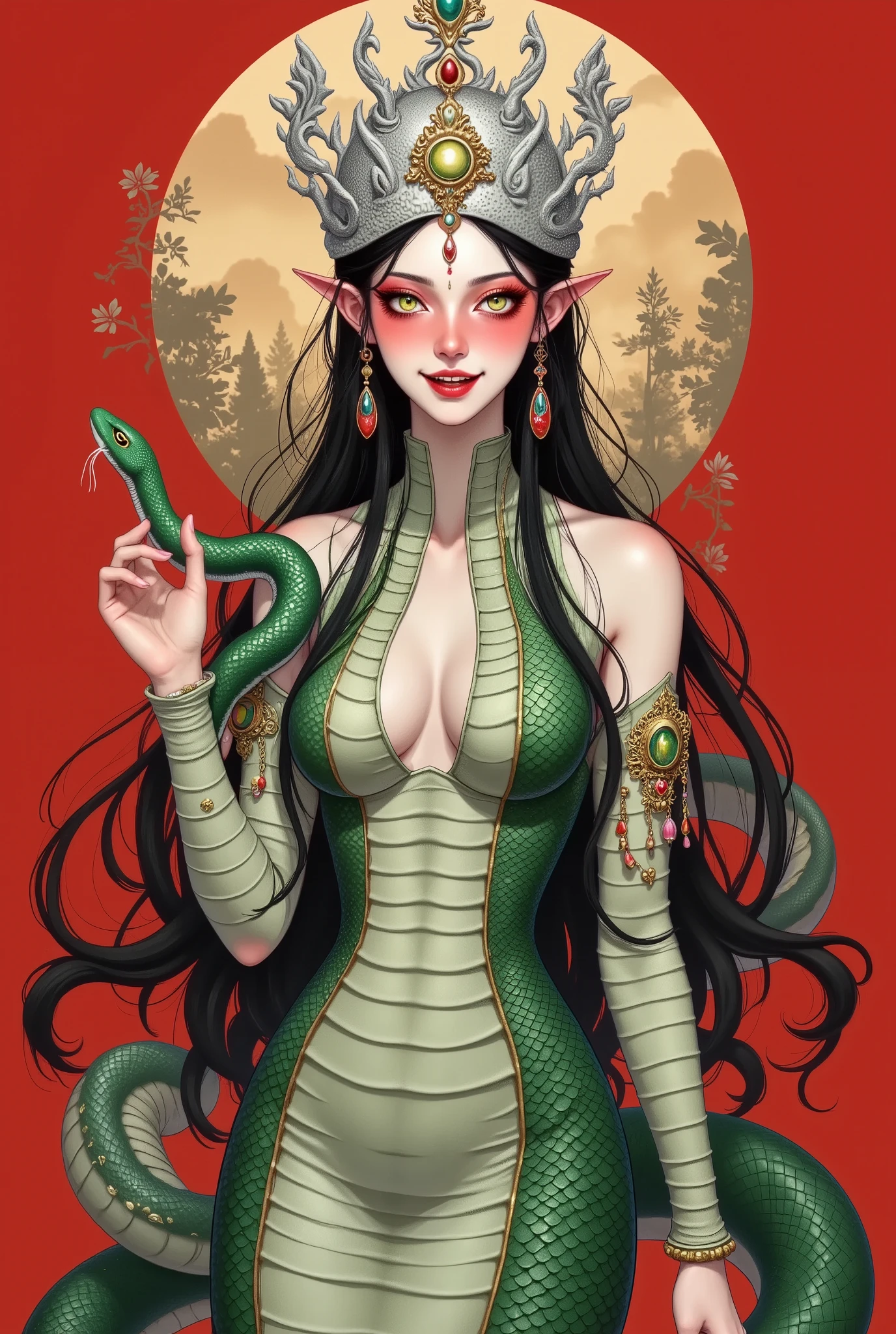 (((Portrait of a beautiful snake woman ，Wear a hat made of silver with tassels，，Enchanting green eyes 。Open your mouth，Fangs，Holding a snake in his hand，Motion Capture)))。Snakeskin,Snake Body，Snake tail. red background，sun。 border decoration 。
