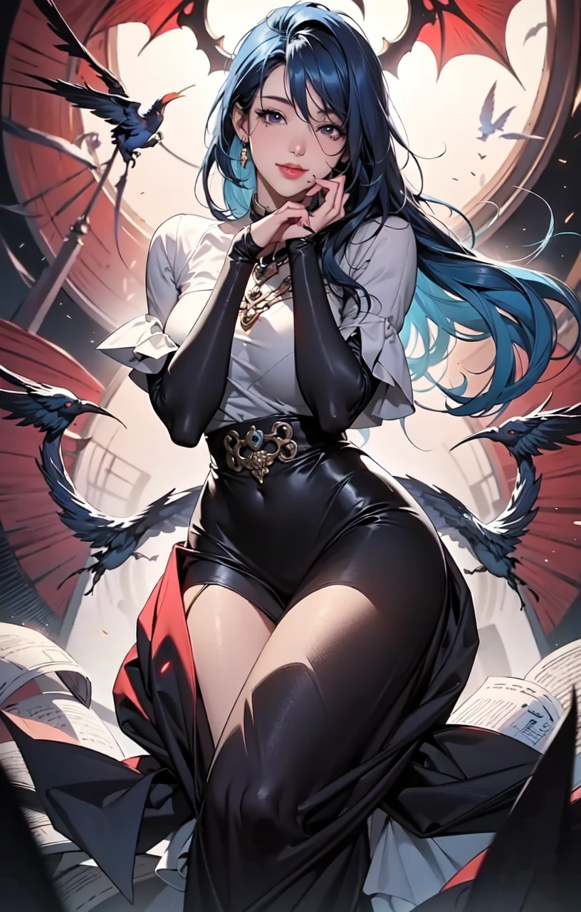 Solo, Score_9, score_8_up, score_7_up, kemono style, black hair, blue eyes, small cute black beak, avian, she is a white Anthro robin girl, white body, white arms and hands, black claws, feathered bird tail, tall and skinny, standing, fluffy white bird ears, skimpy clothing, on a pirate boat, at sea, rear view, she is looking out to the ocean, wearing long skirt, leg slit on skirt,