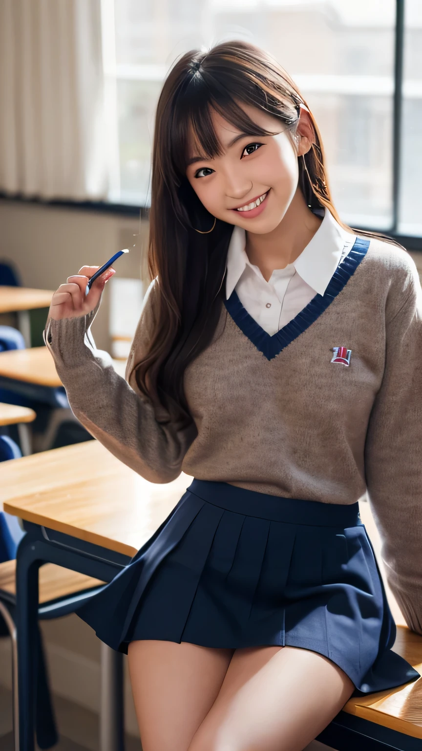(8k, RAW photo, best quality, masterpiece:1.2), (realistic, photo-realistic:1.4), (extremely detailed 8k wallpaper), pretty Japanese woman, (school uniform studium jumper),in class room, sitting chair, spread legs, blond hair, hands in pocket