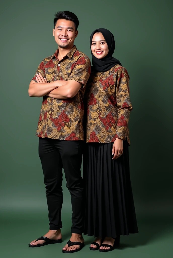 (photorealism ,19 year old Indonesian man with small and thin body (short) haircut (short slicked back) wearing batik and jeans ,wearing sandals ,with a 1 woman wearing a brown hijab with a batik kebaya and a pleated batik skirt ,both of them face forward with a smile ,background studio