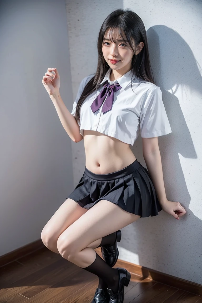 top-quality、masterpiece、Photorealsitic:1.5、With all the fortook visible from behind:1.5、Looking back with an emotional expression、report、Japanese gravure model beautiful high school girl、Black hair short bob、Bangs、18year old、Schoolgirl Uniform、skinny、flat boobs、(Visible lower milk、Uniform with visible ribs and navel)、open one's legs 、T back、Detailed pubic bone、skinny、panic at the sight of the audience、school classrooms、sexy pose、ssmile