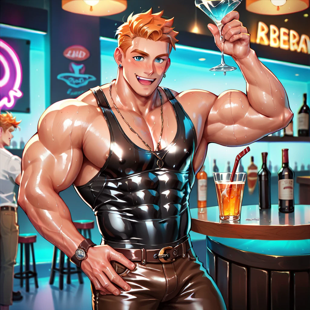 full view full body, one muscular bodybuilded white european handsome guy with clean undercut light-brown haircut, in teal latex jumpsuit and teal latex socks, no shoes, in gay leather bar full of other gay leather guys behind, drinking a beer, his feet in latex socks must be seen; pierced nipples with golden rings
