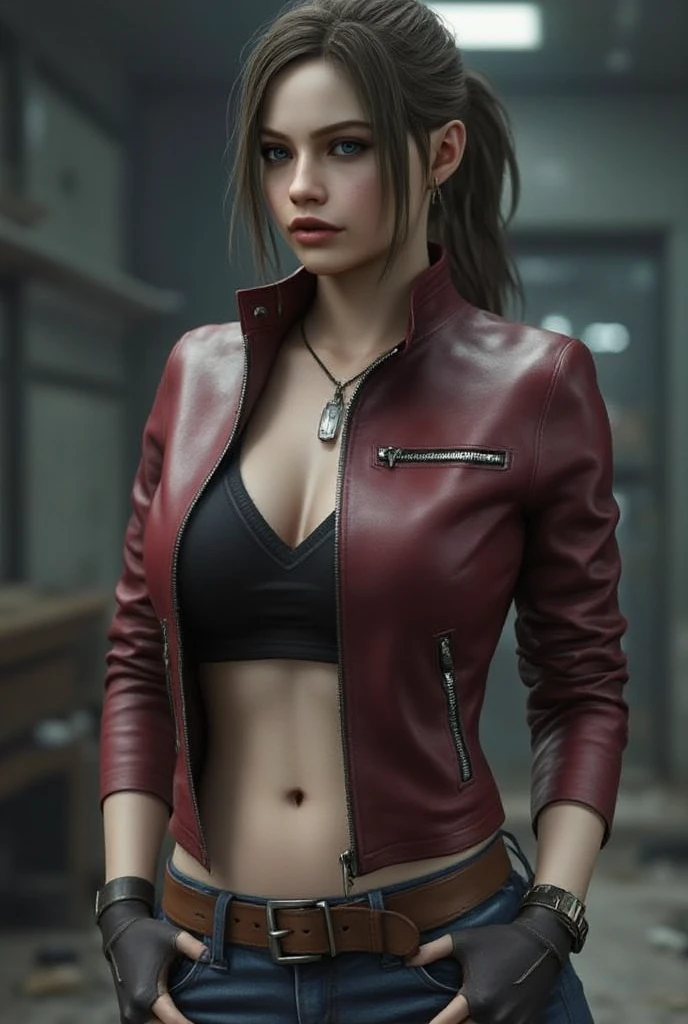 Resident Evil, apocalyptic city, Beautiful Claire Redfield being by a beautiful woman full body pink skin medium red hair, angry clothes red leather jacket, holster holding a gun, realistic detailed face highly detailed body, (A beautiful 25 year old British vampire mercenary: 1.4), (short black hair wolfcut:1.2), (pale skin), (detailed skin:1.2), (serious face), (wearing crimson leather jacket and tight black shorts:1.4), (waist up shot:1.2 ), Front View, (Dynamic Action Pose:1.3), (Chiaroscuro Lighting:0.8), (Dark City at Night:1.2), Photo Realism, Intricate Face Detail, Intricate Hand Detail, Highly Detailed, Vibrant Colors, Cinematic, 8k, trending on Artstation - raw style