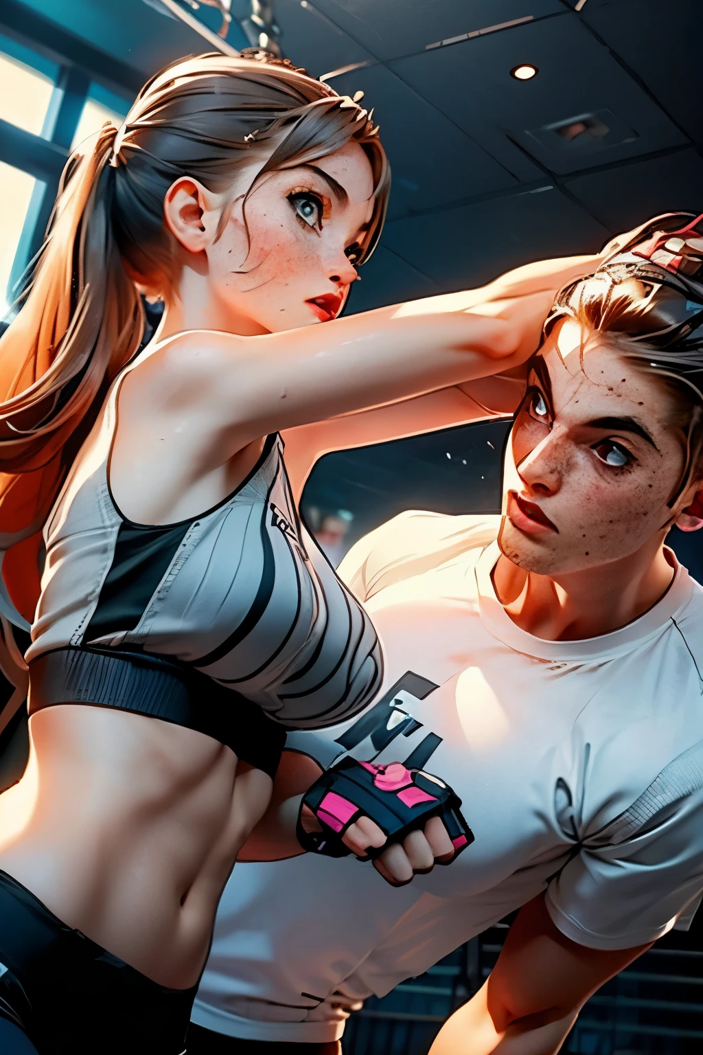 Photo of the fight . Very pretty girl . She is 28 years old . Breast size 3 . height 180 cm . light grey eyes . She's wearing workout clothes . She fights against several men .
