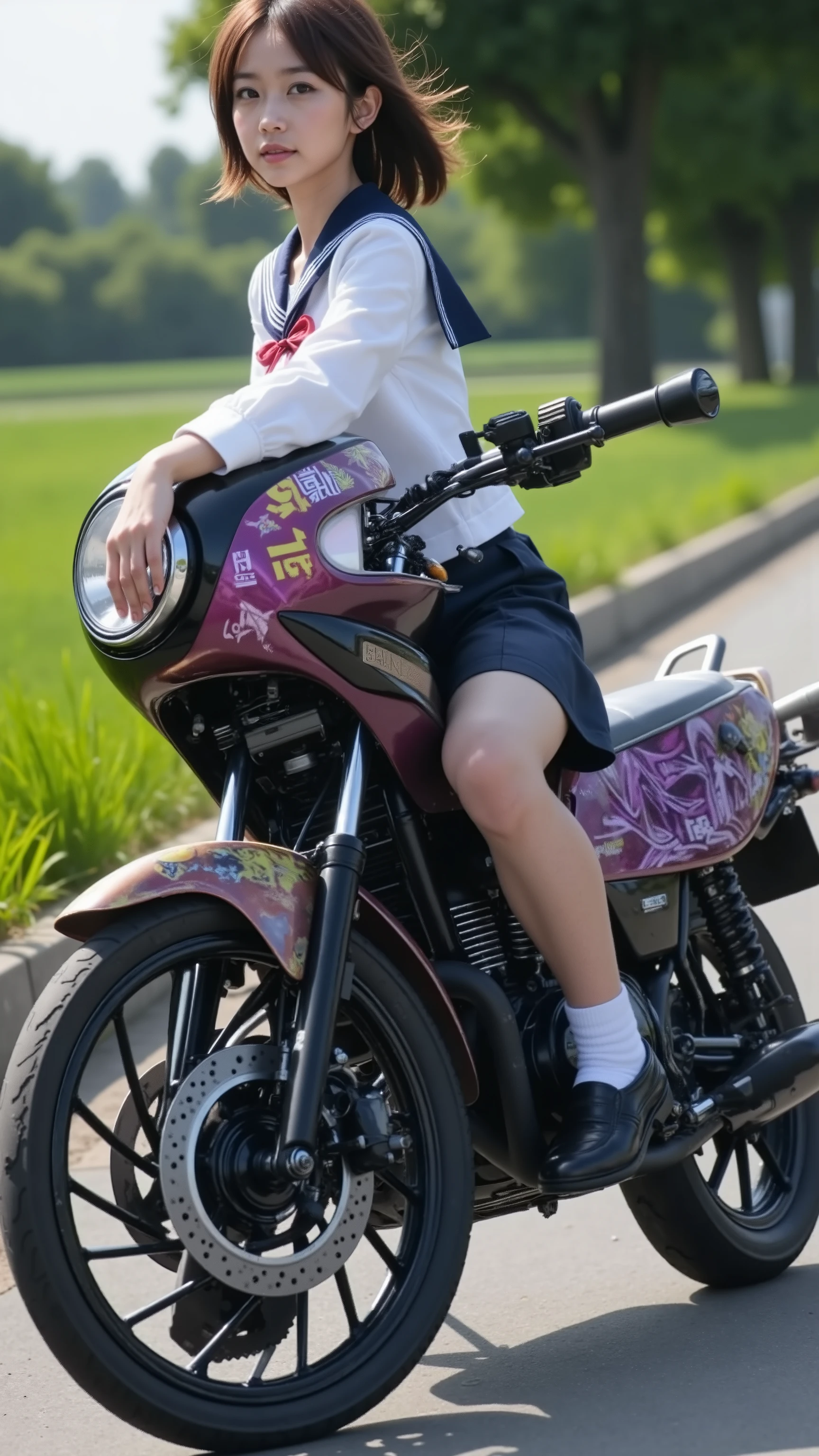 Materpiece. A young girl riding a 125cc yellow honda monkey motorcycle. Short hair. School uniform. In school yard. Summer day. Relistics photo. High resolution