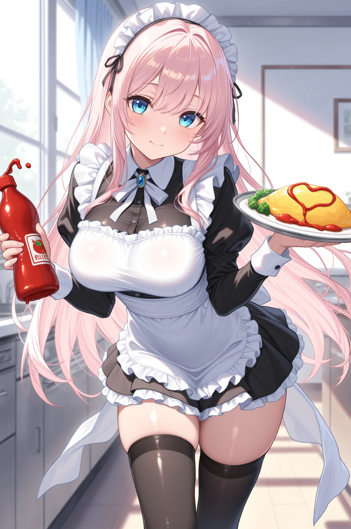 1girl, pink hair, alternate costume, apron, bangs, black bow, blue eyes, bow, breasts, cleavage, closed mouth, cube hair ornament, detached collar, enmaided, food, frilled apron, frills, hair ornament, holding, holding plate, ketchup, large breasts, looking at viewer, maid, maid headdress, omelet, omurice, plate, short sleeves, simple background, solo, sweat, white background, <lora:gotou_hitori:1>