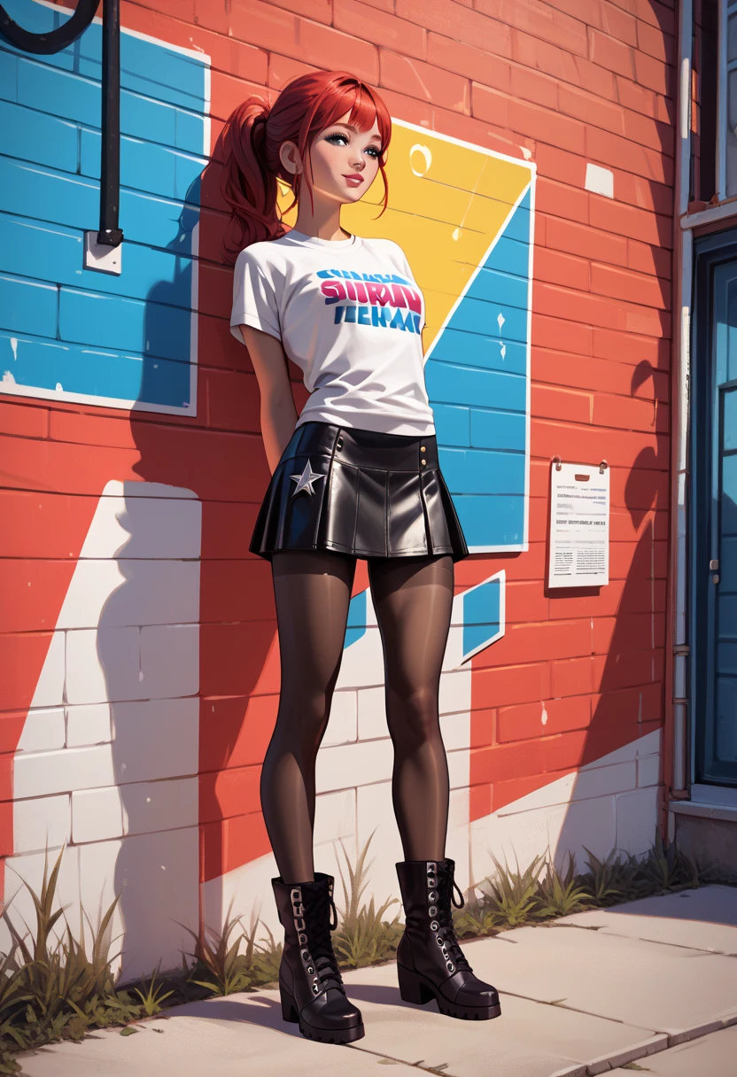 Long parka, T-shirt, , tights, short boots,Studio, mirrored wall,