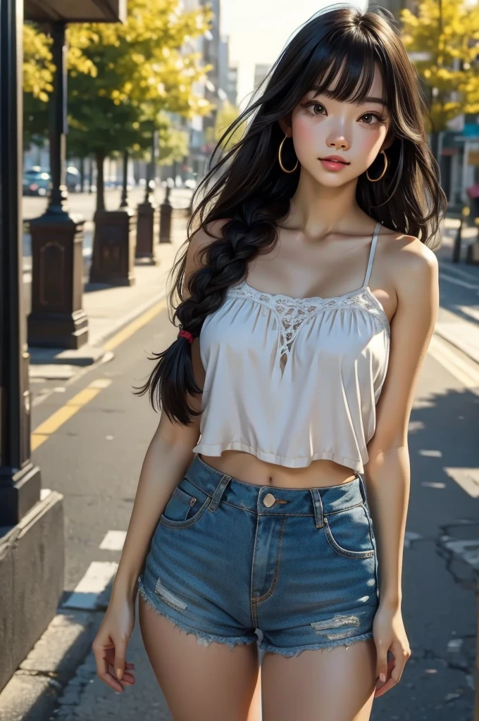 Super high res, ( top quality ,4K, Perfect Sharpness , Ultra-Fine, high res,masterpiece:1.2), Perfect Anatomy:1.5, Story Telling Illustration 、Body Positivity、 physical expression 、( Energetic Pose)、 perfect beauty, (Very strong winds)、 deep expression 、 dynamic composition、 Golden Ratio Composition、colorful、bangs、 black hair 、（Soft, flowing hair）、（(Nostalgic atmosphere )）、（(Playful and easygoing)）、（Diverse characters）、（( Graceful Posture)）、（Convivial atmosphere）、 shorts、A faint smile、 ((Emotional))、( braid hair)、Natural reaction、Summer clothing、 shows her thighs 、