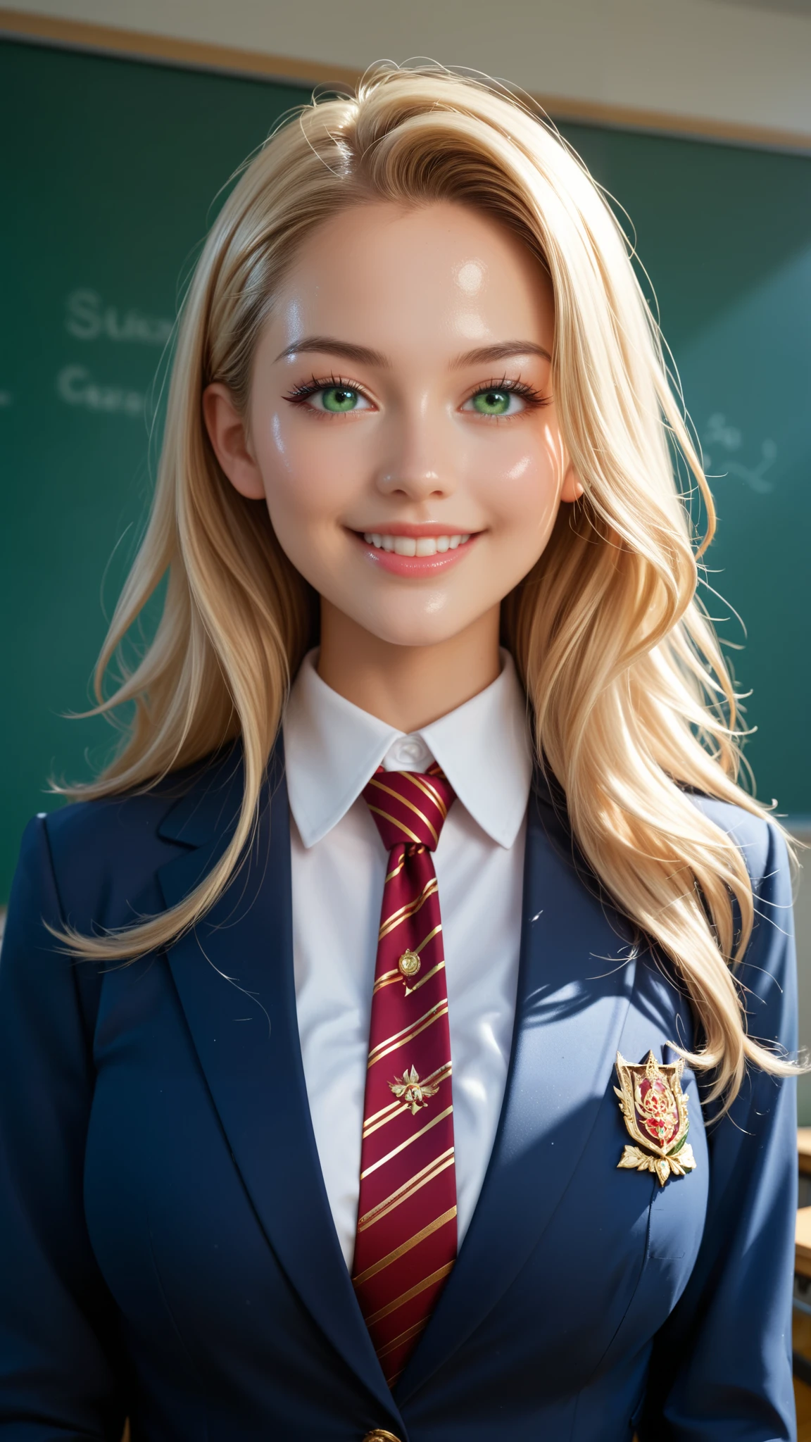 score_9, score_8_up, score_7_up, source_real, high resolution picture, super detailed, BREAK A breathtakingly beautiful woman, long hair, silky blonde hair, wearing a modern school uniform, blazer with intricate gold embroidery, tie, short skirt, tights, smirk, soft lighting to enhance the texture of the fabric, masterpiece, best quality, vibrant, very aesthetic, high contrast, photoresistic, newest, shiny skin, large breasts, 1woman, bust-up shot, detailed face, detailed green eyes, forehead, sliced back hair, classroom