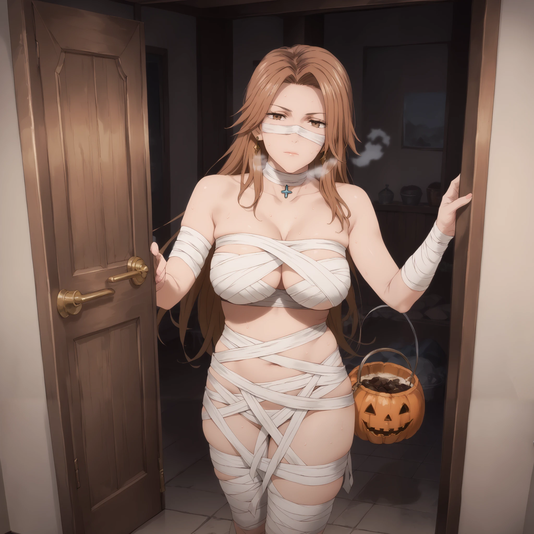 score_9, score_8_up, score_7_up, score_6_up, uncensored, katalina \(granblue fantasy\), long hair, parted bangs, brown hair, brown eyes, sweating, anime coloring, anime screencap, (voluptuous:1.3), (thick:1.3), BREAK UHD, retina, masterpiece, accurate, anatomically correct, textured skin, super detail, high details, high quality, award winning, best quality, highres, 4K, makeup, eyelashes, excessive sweating, sweating, sweating drop, (gasping, heavy breathing:1.3), (skindentation:1.2), perfect eyes, beautiful eyes, eyelashes, makeup, detailed body, perfect body, BREAK, 1girl, solo, naked_bandage, breasts, halloween, mummy_costume, navel, sweatdrop, jack-o'-lantern, bandages, looking_at_viewer, jewelry, earrings, halloween_costume, large_breasts, closed_mouth, collarbone, halloween_bucket, doorway, standing, heavy breathing, gasping, sweating, excessive sweating, sweating drop, plump, seductive sweating, half-closed eyes, at bedroom