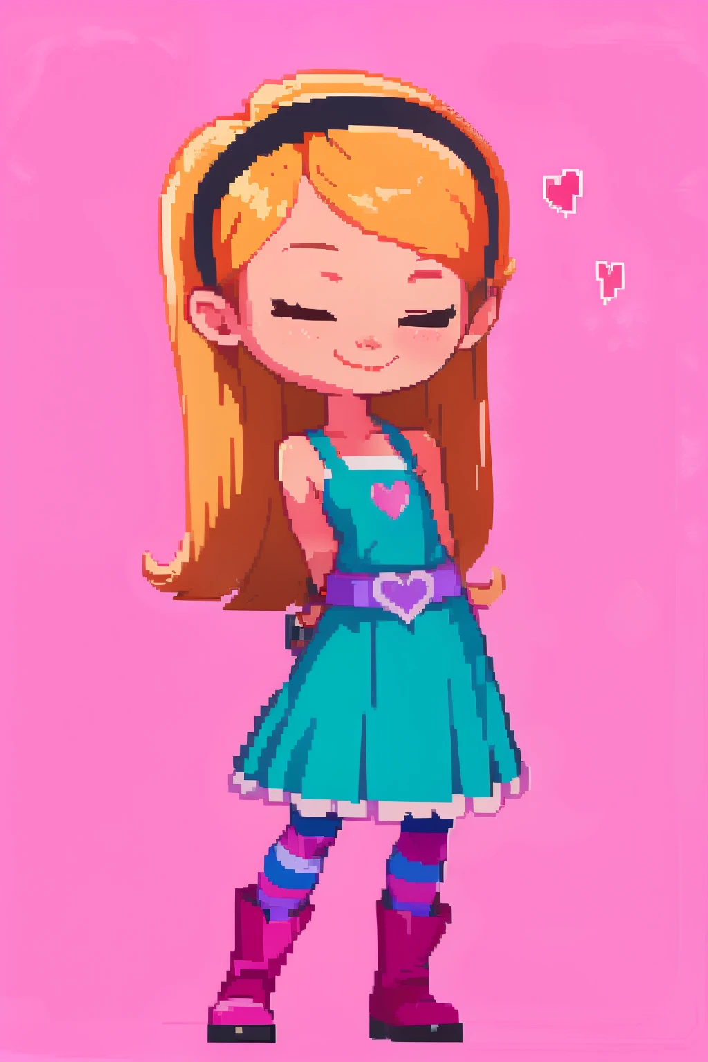 (masterpiece, top quality, best quality), pixel,pixel art,1girl,full body, penny peterson, long hair, blue eyes, 3d, blonde hair, skirt, pleated skirt, white trimmings, frilled skirt, hairband, black hairband, dress, teal dress, lavender belt, blue and pink striped pantyhose, pink bracelet and boots, cute girl, closed mouth, cute smile, one eye closed, arms behind back, happy, looking at viewer, pink background, hearts, sparkles, pink background, simple background