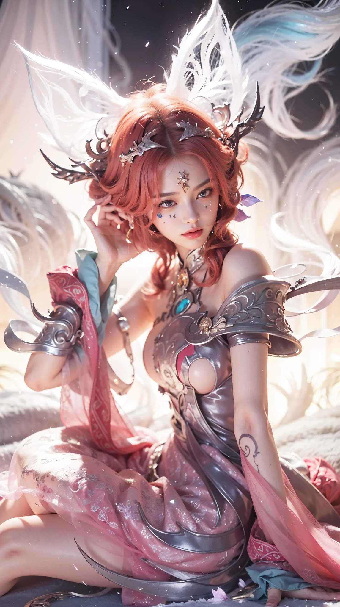 Masterpiece, Top Quality, Best Quality, Extreme Detail, Highest Detail, Official Art, Beauty and Aesthetics: 1.2), Colorful, Denim Lens, Upper Body Shot, Beautiful Face, Perfect Body, Superb Body, Masterpiece, High Resolution, (Exquisite Body: 2.0), Stunning Beauty, (Milky Skin: 1.5), Exquisite Details, High Resolution, Wallpaper, 1 Female, Solo, Dress, (((Golden Red Dress)) ), Long white hair, fox tail, Charming smile, gorgeous accessories, Short sleeves, , Big eyes, Fluttering Hair, Hanfu,, Embroidery, Long Dress, Feminine Pose, Falling Petals, Kong Ming Lantern, 16K, HDR, High Resolution, Depth of Field, (Film Grave: 1.1), Bocon (Lens Glow), Vignette, Rainbow, (Color Grading: 1.5) ((Watercolor by John Berkey and Jeremy Memman)) Brush Strokes