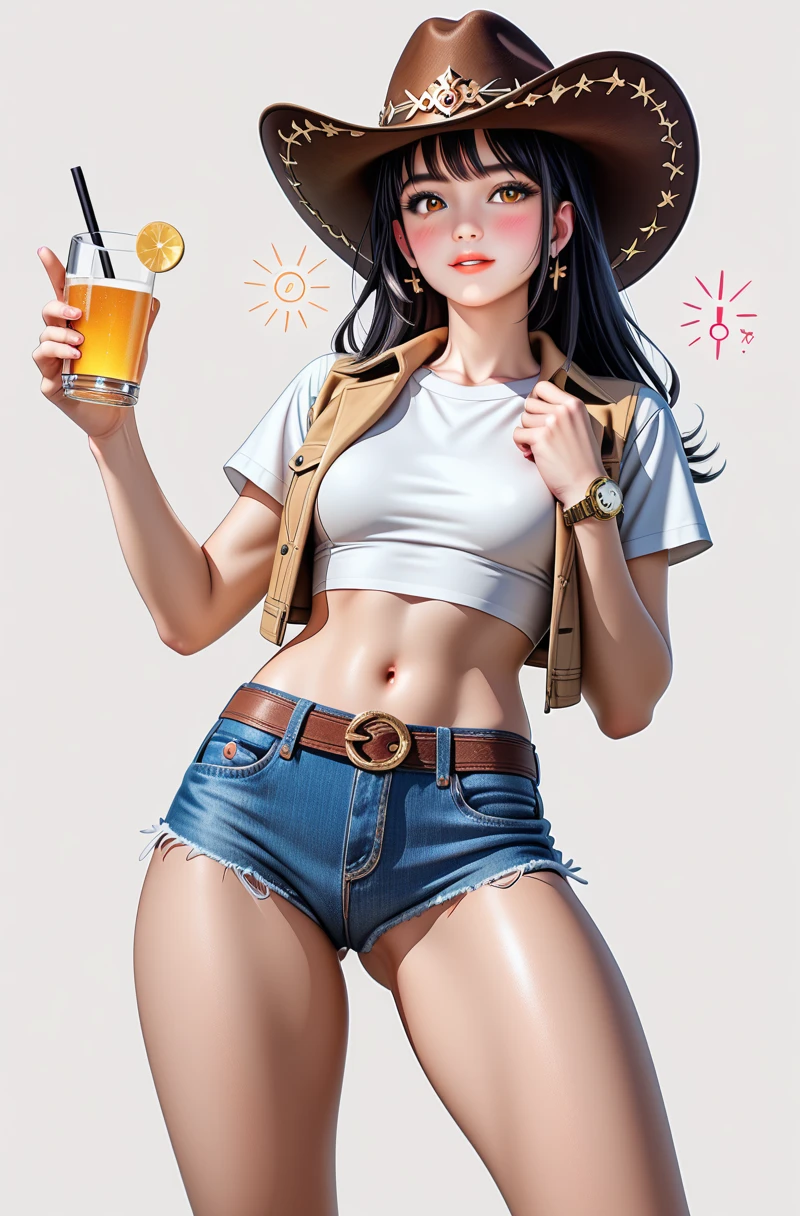 1 woman long hair ponytail bun average breast wide hips thick ass cute face, white sheer daisy's dukes and white crop top]