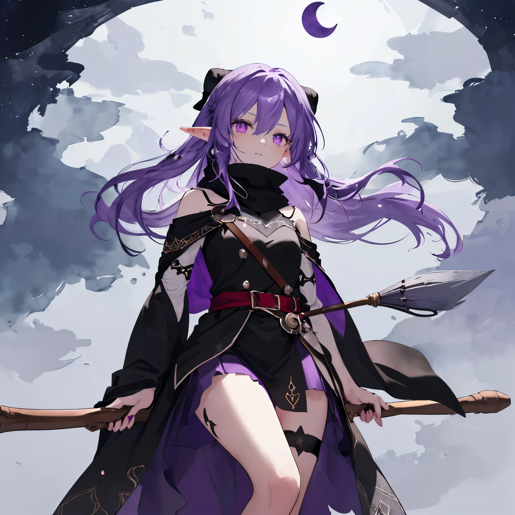 ((elf sitting on a broomstick flying in the sky)), ((high quality, masterpiece, delicate hair, determined delicate eyes)), ((Ruby red eyes)), (purple hair), ((long hair, elf ears,)) ((black broomstick with a long handle and a tuft of purple hair:1.4)), ((off-shoulder)), (loose long hair), ((black cape)), ((scarf, elf looking towards viewer, viewpoint from below looking up, background has night sky with crescent moon, knight, intense shadows, ash)), ((masterpiece, best quality)), ((high quality, masterpiece, delicate hair, girl)), ((Ink wash painting)), ((ink splashing)), ((color splashing))