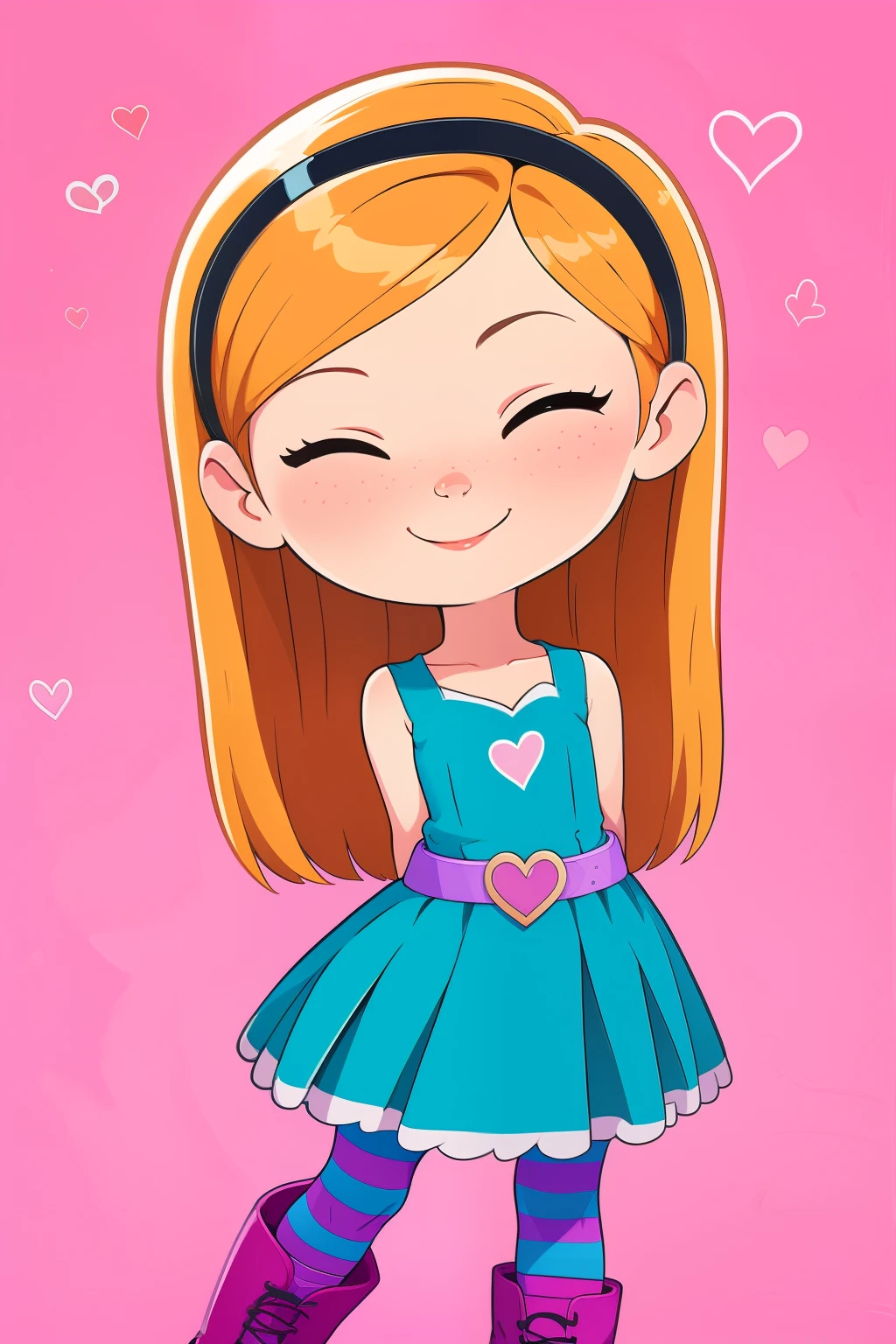 (masterpiece, top quality, best quality), pixel,pixel art,1girl,full body, penny peterson, long hair, blue eyes, 3d, blonde hair, skirt, pleated skirt, white trimmings, frilled skirt, hairband, black hairband, dress, teal dress, lavender belt, blue and pink striped pantyhose, pink bracelet and boots, cute girl, closed mouth, cute smile, one eye closed, arms behind back, happy, looking at viewer, pink background, hearts, sparkles, pink background, simple background