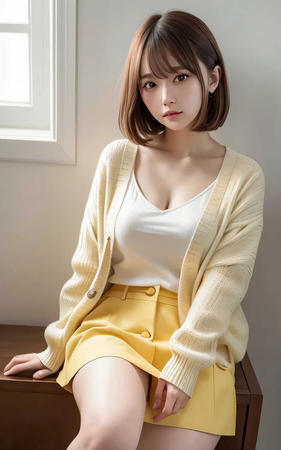 masterpiece, best quality, 8k, 20th generation, big breasts, cute, Alone, sad, cute, , delicate girl, Pure Beauty , RAW Photos, professional photo, portrait, Soft light, professional lighting, backlight, Head to Knee , looks away, Sophisticated, film grain , ( eye and face detail :1.0), Short floating hair, beautiful, Flowing Hair , bangs, (Loose-fitting cardigan(Pale yellow))、( big breasts:1.0)、A little bit of chest is visible、 micro mini skirt、 Full Thighs 、Dolly Make、[Strange Eyes、 Eye color is different on both sides