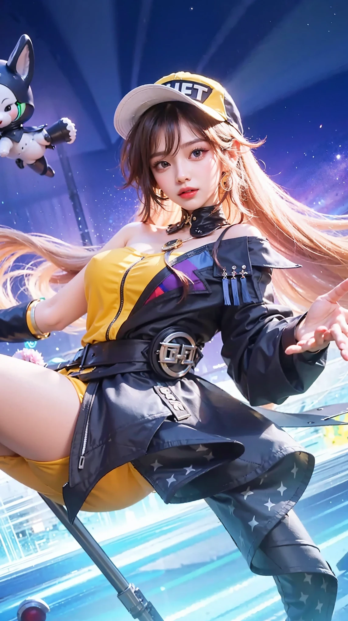 High resolution, highest quality, masterpiece, Very high quality, Very detailed, Surreal, Hard Rock Girl, So beautiful and cute, Pink wavy hair, Side braid, mini skirt, Knee-high socks, Engineer boot, Background Cyberpunk