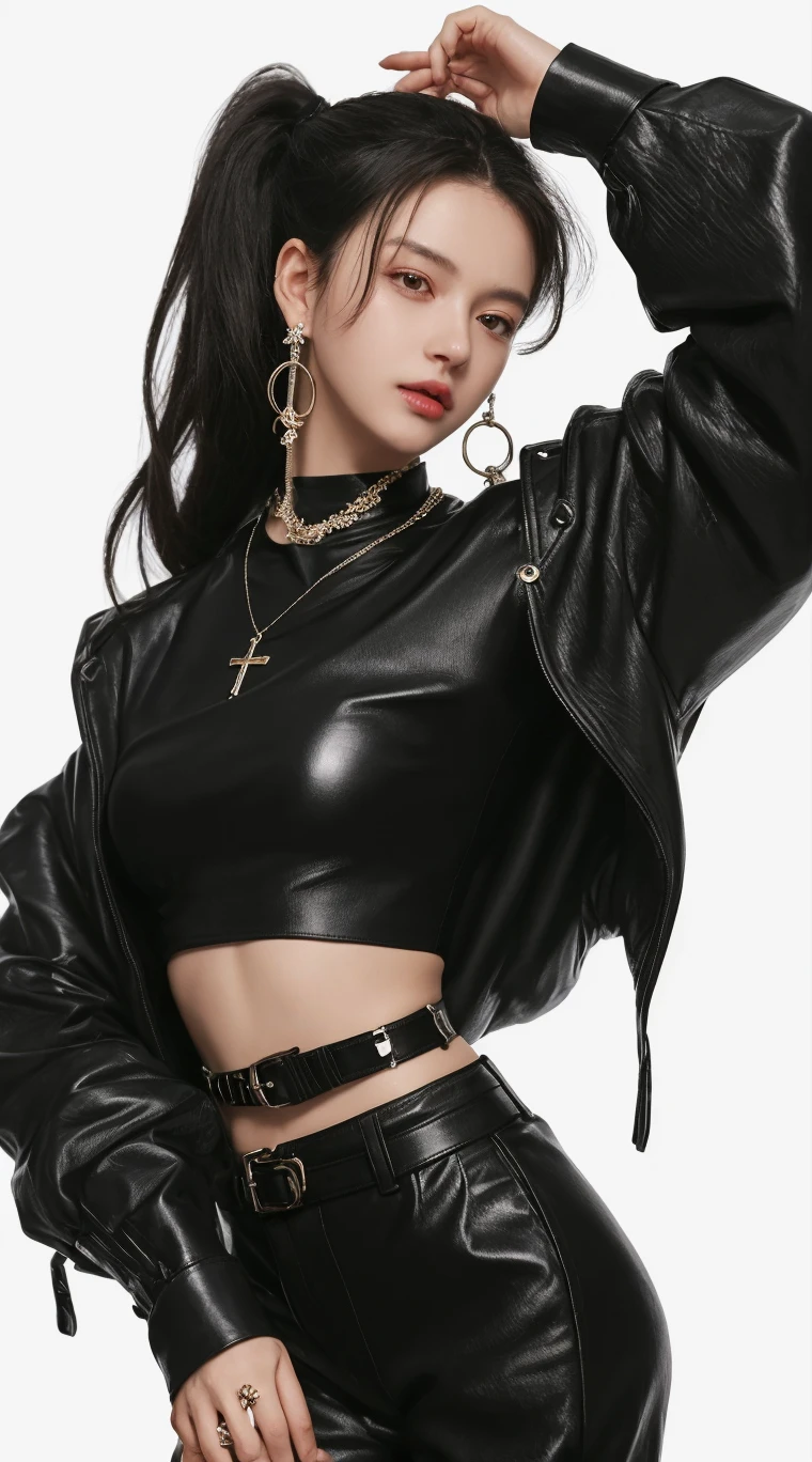 Beauty、Wearing a black jacket、Wearing tight black pants、Holding sunglasses in hand、Long Hair、Wearing a necklace around her neck、He wears a gold belt around his waist、White background、The stomach is slightly visible