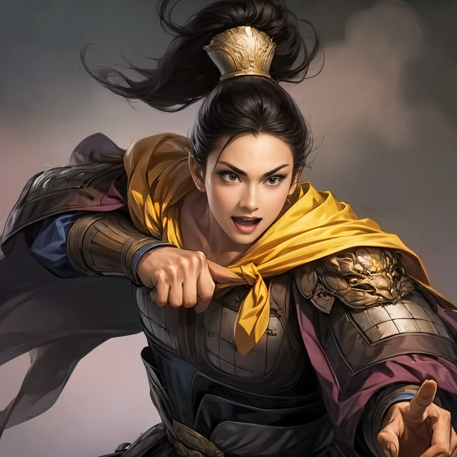 ((Create an image from the top of the head to the thigh)), Three Kingdoms illustration , ((Female solo)), ( Beautiful Woman), beautiful face , perfect hand , ( black hair ), sexy expression , excited expression, Various facial expressions, various poses, Brilliant background , blurry background , beautiful iron armor, Chinese iron armor , sword, Flying Cloak , Woman holding armor and cloak , Person holding a weapon, ( visible chest bone ), ( slim body)