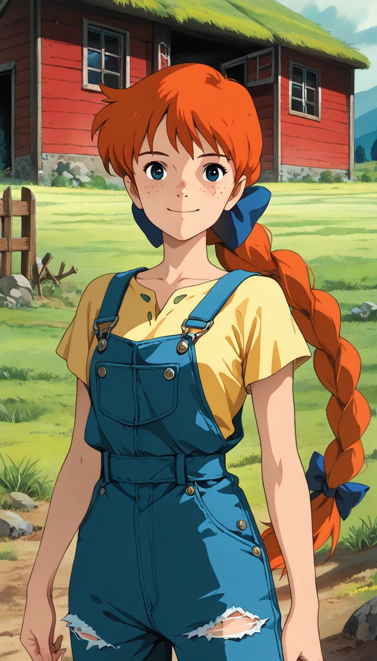 solo, human, farm girl, female, solo, blue eyes, cleavage, straw hat, long twin braids, orange hair, bronze round glasses, small thin silver necklace with a turquoise stone, overalls, suspenders, yellow frilly shirt, ((freckled skin, lots of freckles on breasts)), large breasts, ((small scars on body, acne scarred skin))Character Sheet Full-Length,