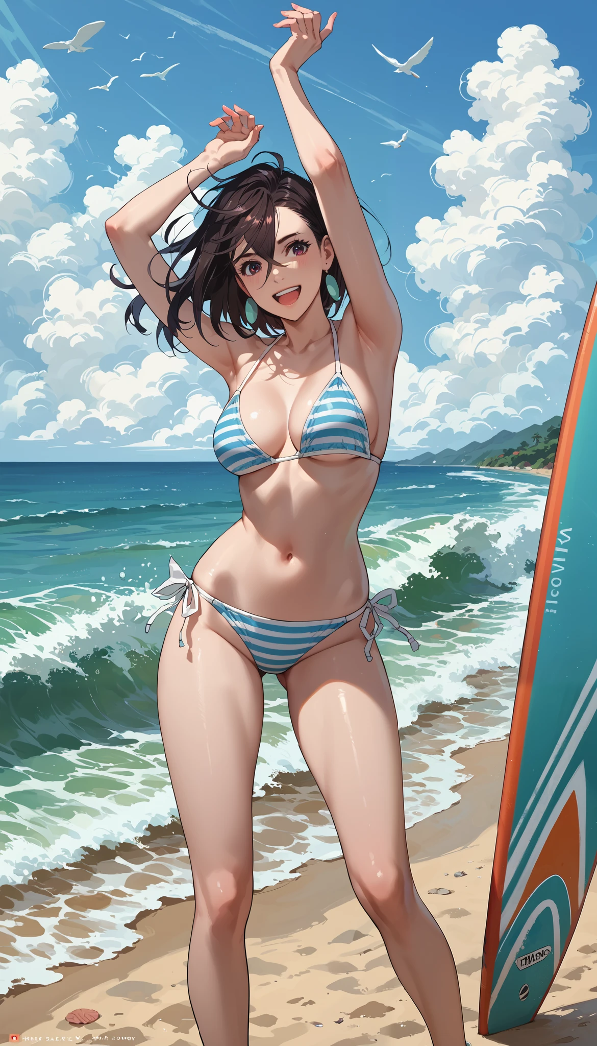 Rating_9, Rating_8_up, Rating_7_up, Rating_6_up, Rating_5_up, Rating_4_up, rape, Momose Momo in a blue and white striped bikini standing on a surfboard and riding an ocean wave, arms raised up for balance, hair fluttering in the wind, a happy smile on her face, a large white steamship is visible in the distance, loud onomatopoeic speech, full-length front view