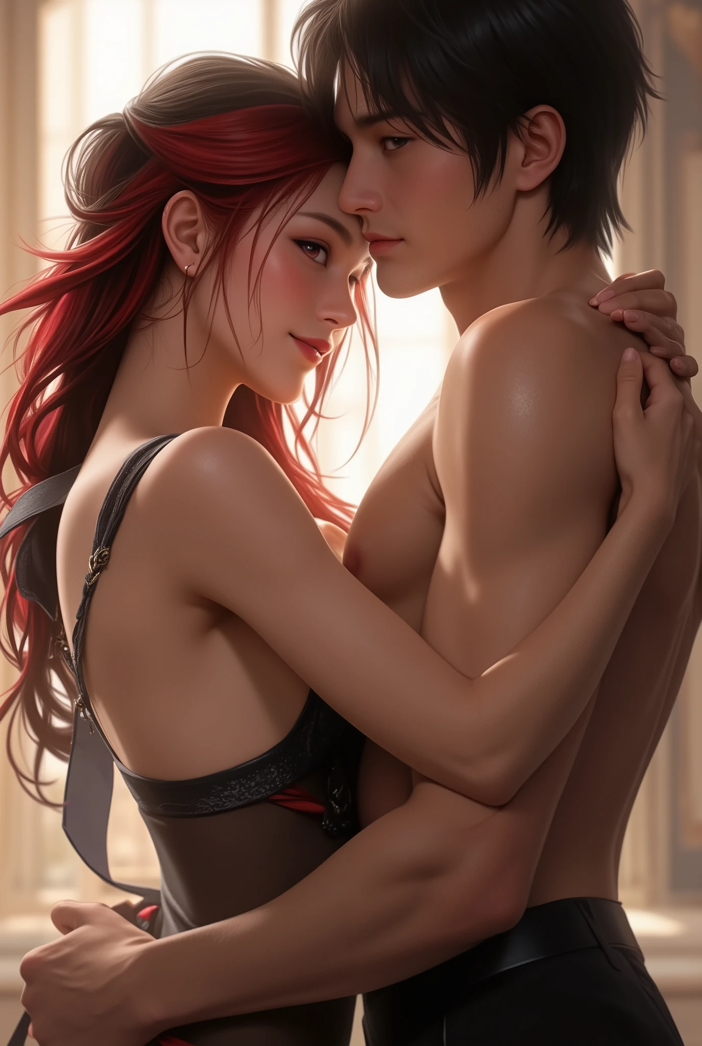 score_9,score_8_ up ,score_7_ up ,  source _realistic, ( rating _nsfw),  masterpiece ,   best quality ,  gorgeous quality , high resolution picture,  intricate details ,  extremely detailed , (co up le, standing missionary sex position),  break ,  1girl ,  very beautiful ,  pretty face, smiley face , sexy outfit, Hair with vibrant red and long black hair tied loosely standing with one knee  up ,  1boy , 34 years old , Appearance  :   Attractive and strong impression  。Well-proportioned faces、  short hair  、  Or a neatly cut hairstyle  。  There is kindness and determination in the eyes  .。  Muscular but slim build  , thin sexy shirts and shorts,  light , nsfw, sexy, hot,  girl's face is looking at the camera