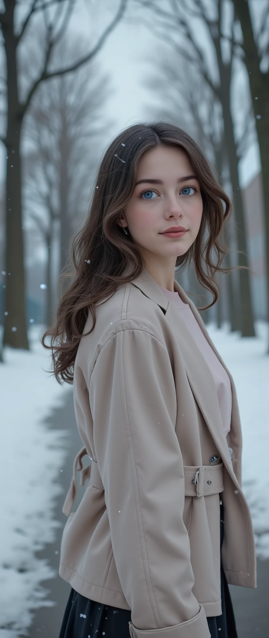 1 girl, European, ,big blue eyes, dark hair winter (upper body close-up), a girl walks down a long alley with trees. The girl's body is shot from the side (the head is turned towards the viewer). winter atmosphere, ((snow falls in flakes)), snowdrifts, fog. Cold. Frost. Front view. Asashi. A beautiful gradient inscribed in the depth, Particles of light and snow powder fluttering in the air, gently frame her sweet casual hairstyle, beautiful pale face, blush from the cold, the girl looks up at the sky, beautiful hair fluttering in the wind. The girl is wearing a warm, soft jacket and a scarf.A girl with a gentle smile, photo by Acrial