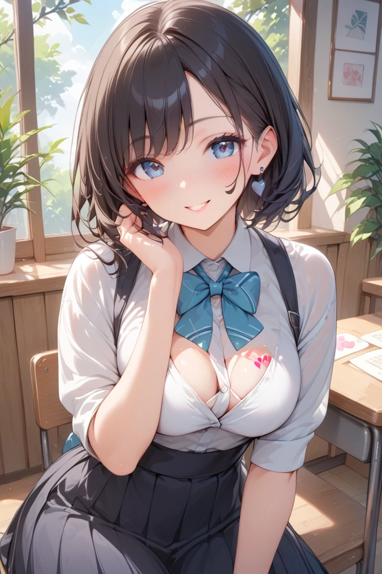 (Front angle:1.6)、(masterpiece, Official Art), One Girl, Black Hair, blue eyes, hair ornaments, Hair Clip,  (school uniform), (shirt), (tie), (skirt), (Wet), (Huge breasts), very good、sunlight,classroom、During class、 View Audience, Grin,Cum on face、 Charm, blush, Charm服, , (Place your hands between your legs), (Sitting on a chair、Put your chest on the desk),White panties、Short Bob、Sticking out your tongue、Dripping a huge amount of saliva、Peeing、squirt pee、tits 、titsをテーブル机の上に胸を置く