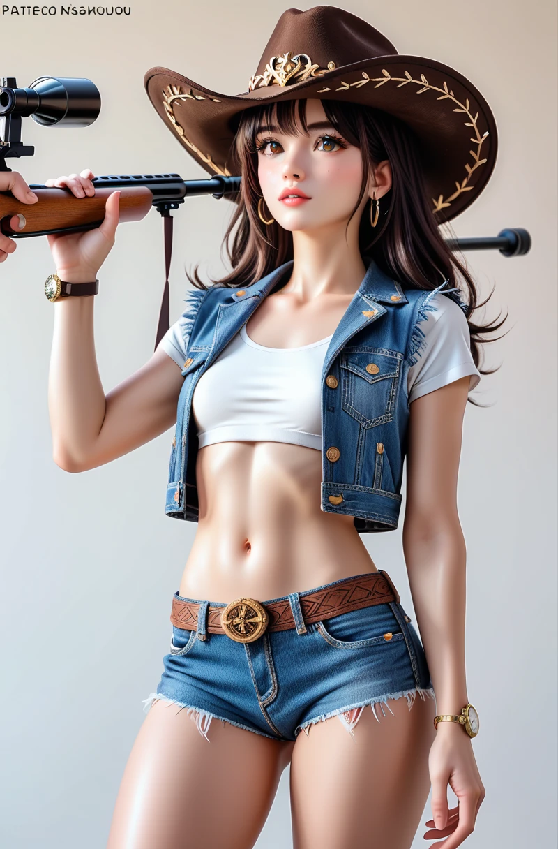 super high resolution, dramatic angle, nami \(one piece\), 1girl, bangle, bangs, bare shoulders, belt, bikini, bikini top only, blue sky, bracelet, breasts, brown eyes, bubble, cleavage, cloud, cowboy shot, day, denim, earrings, floating hair, green belt, green bikini, groin, jeans, jewelry, large breasts, log pose, long hair, looking at viewer, navel, orange hair, pants, shoulder tattoo, sidelocks, sky, smile, solo, standing, stomach, swimsuit, tattoo , ((masterpiece))