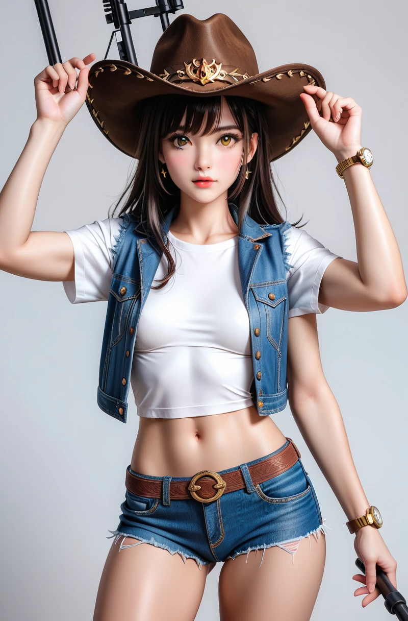 (((1 person:2.0))),(((Cowgirl Costume))),(((Slim Body 1.5))),(((Small Ass))),(((Denim mini skirt))),(((Wear a belt))),(((He is wearing a sleeveless collared shirt, Plaid, Front tie shirt.))),(((Wear a watch))),(((Sandals))),(((Showing cleavage))),(((Showing your belly button))),(((Exposing thighs))),(((Small breasts:1.5))),(((Bare arms))),(((Her hair is black:1.5))),Beautiful detailed girl, Very detailed目と顔, 緻密でBeautiful Eyes, Very detailed, High resolution, Highest quality, masterpiece, Very detailed, 8k wallpaper, wonderful, finely, Highest quality,(((Night Sake Brewery:1.5))),((In front of a wooden wall:1.5)),Beautiful Eyes,(((Blushed:1.2))),(((Cowboy Shot:1.5))),(((Open your mouth:0.9))