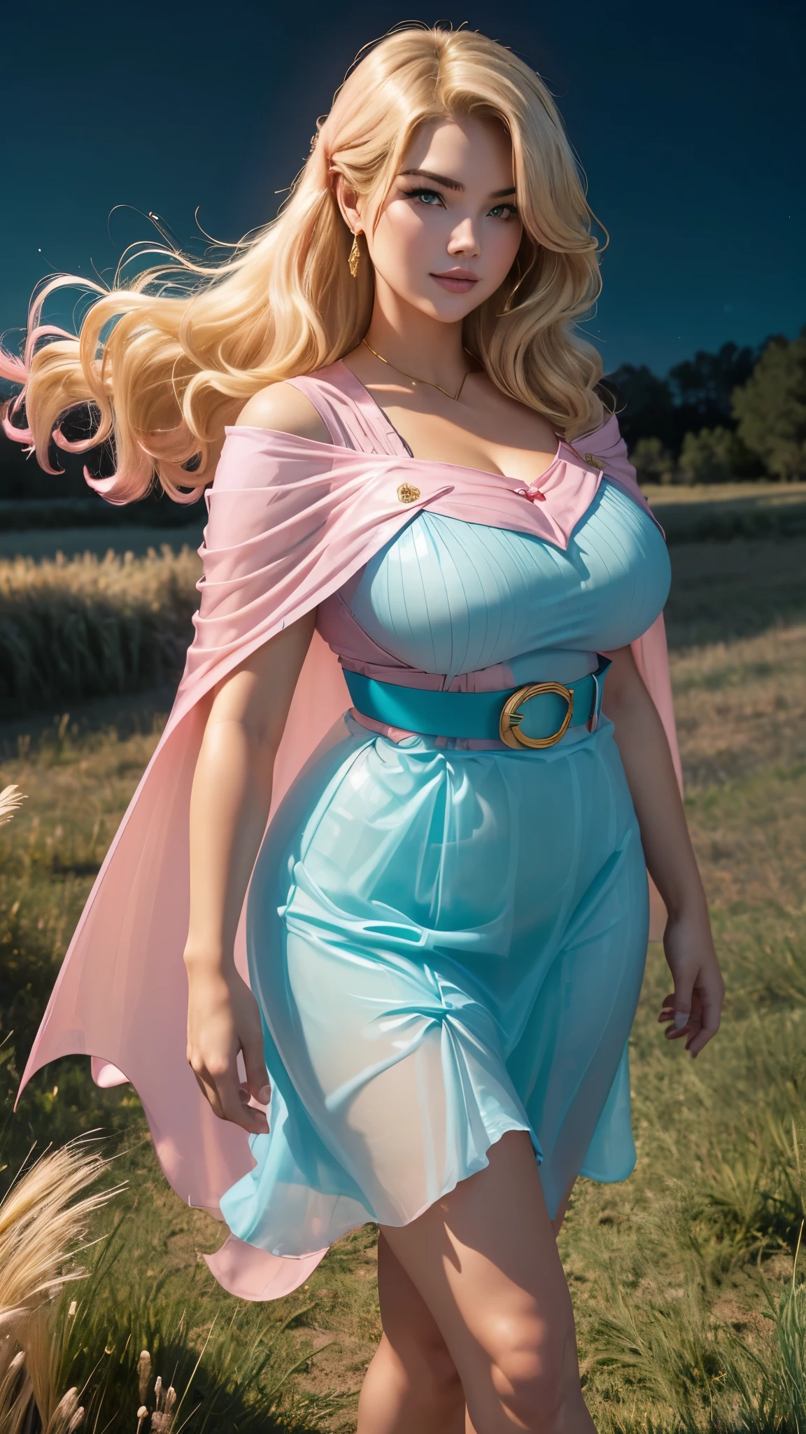 Depict a blonde, large breasts, superheroine in a white costume with a red cape and gold belt, standing before a majestic statue of a giant dildo and cloudy sky. Ultra realistic photo, vibrant colors, 16k